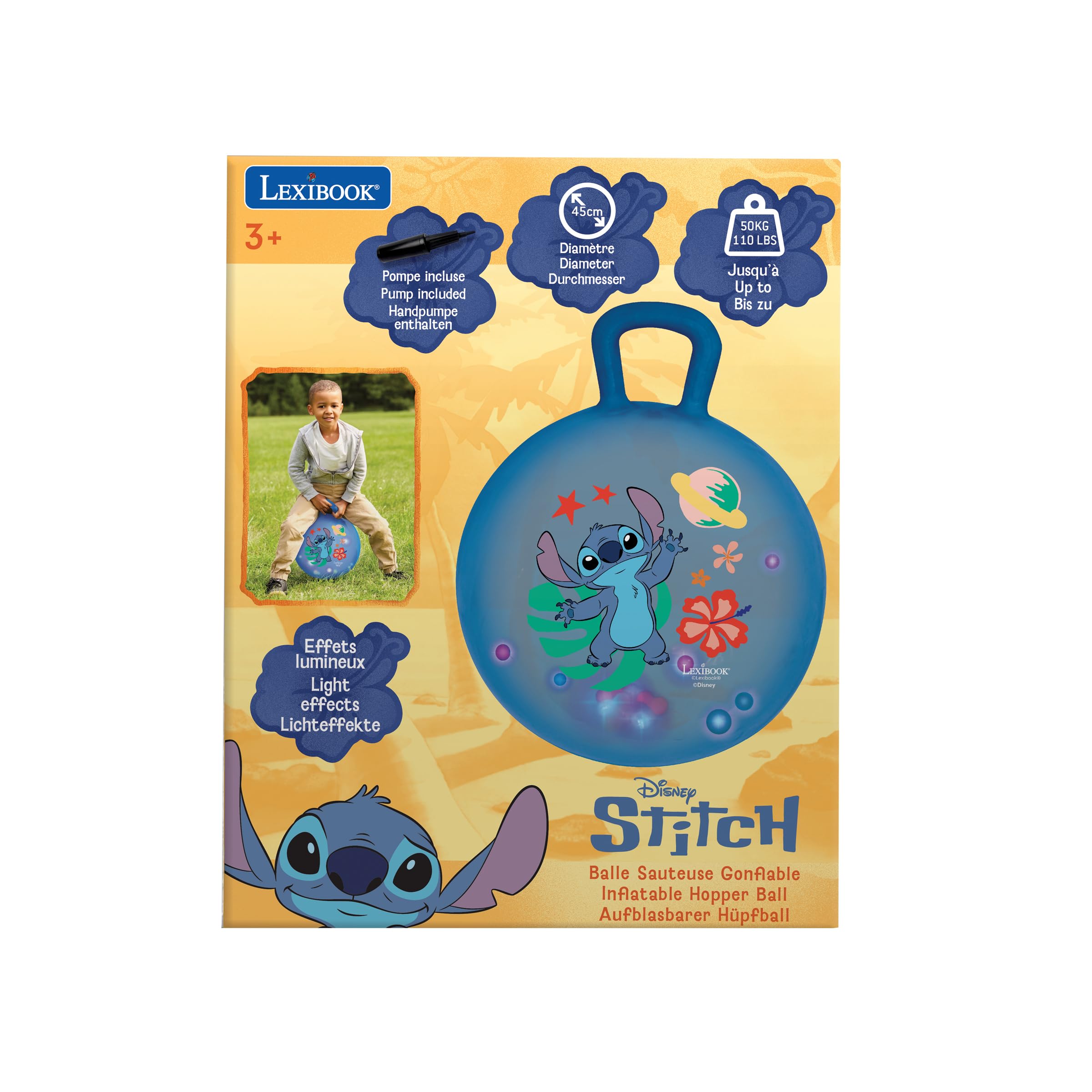 Lexibook, Stitch Pallone Gonfiabile con Palline Luminose e Colorate Integrate, Pompa a Mano Inclusa, plastica sicura e Resistente, Blu, BG040D