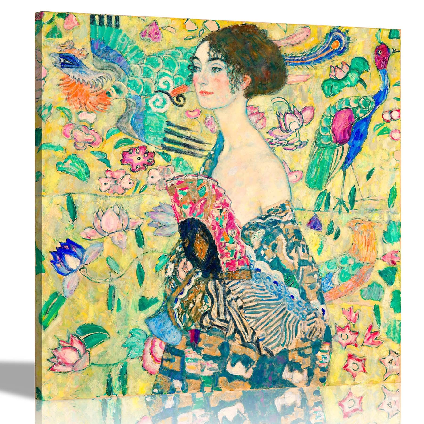 Artley Prints Yellow Lady With Fan By Gustav Klimt Prints Canvas Wall Art Pictures Colourful Artwork Dining Bed Living Room Quality Print 76 X 76Cm (30 X 30 Inches)