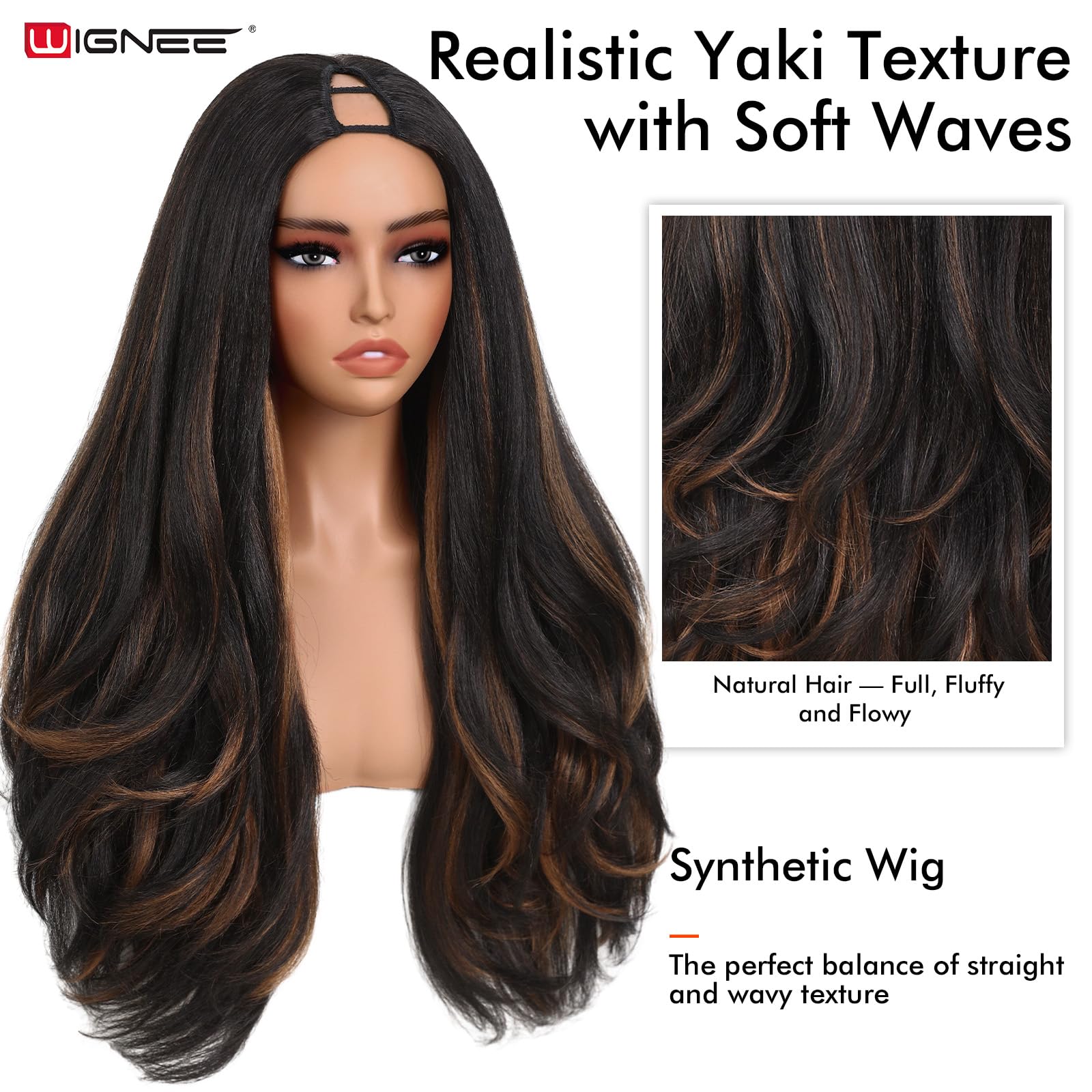 WIGNEE 26 Inch Light Yaki Wavy V Part Synthetic Half Wig