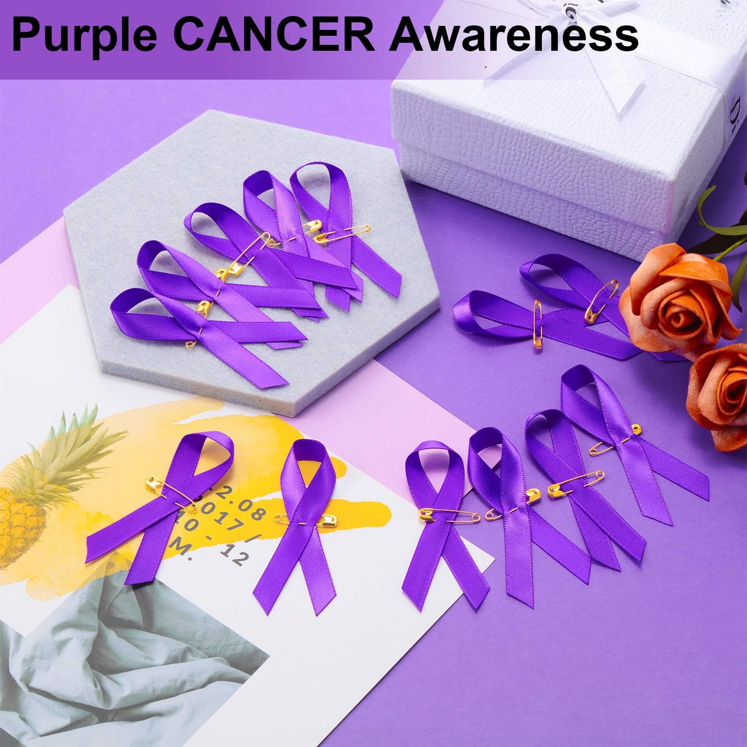 600 Pieces Purple Awareness Ribbon Pins Purple Satin Ribbon Lapel Pins for Domestic Violence Lupus Overdose Pancreatic Cancer Alzheimer's Awareness