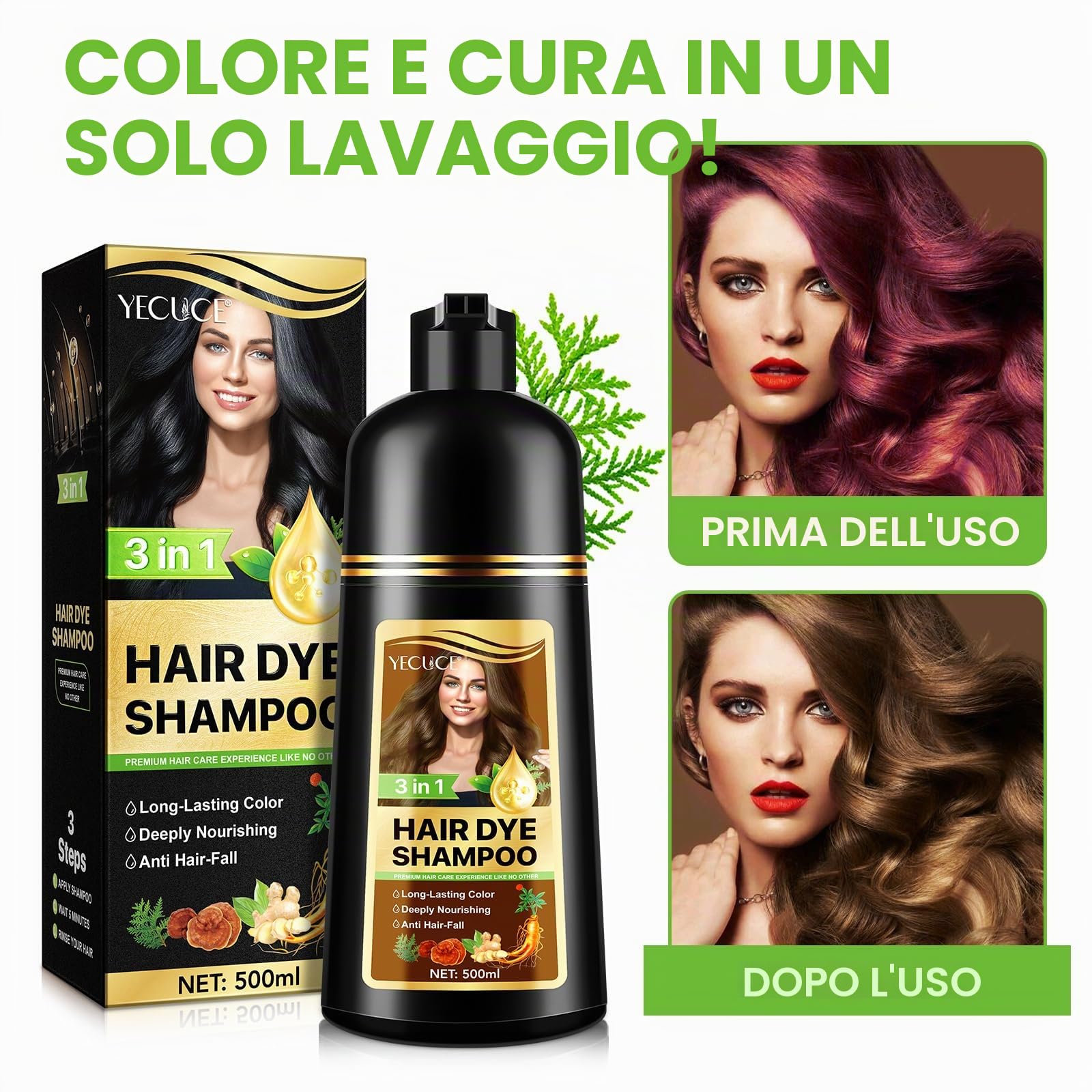 Shampoo colorante per capelli grigi 5 colori, 3 in 1, a lunga durata, shampoo per capelli istantanei, per uomini e donne, ingredienti aromatici (500 ml) (caffè)