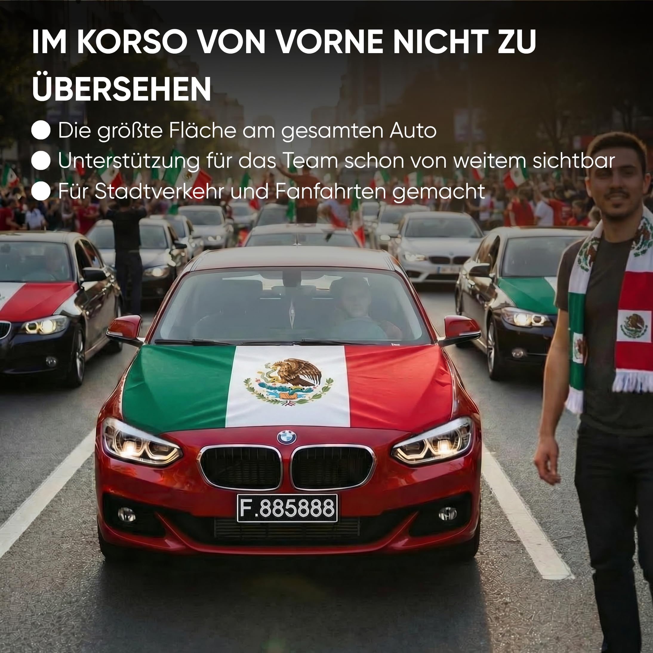 Auto Fahnen Mexiko Komplett Set - Motorhaubenfahne, 2 Autofahnen Fenster & 2 Außenspiegelfahnen, Fußball Fanartikel FZG für EM & WM, Mexikanische Flagge Fahrzeug Deko