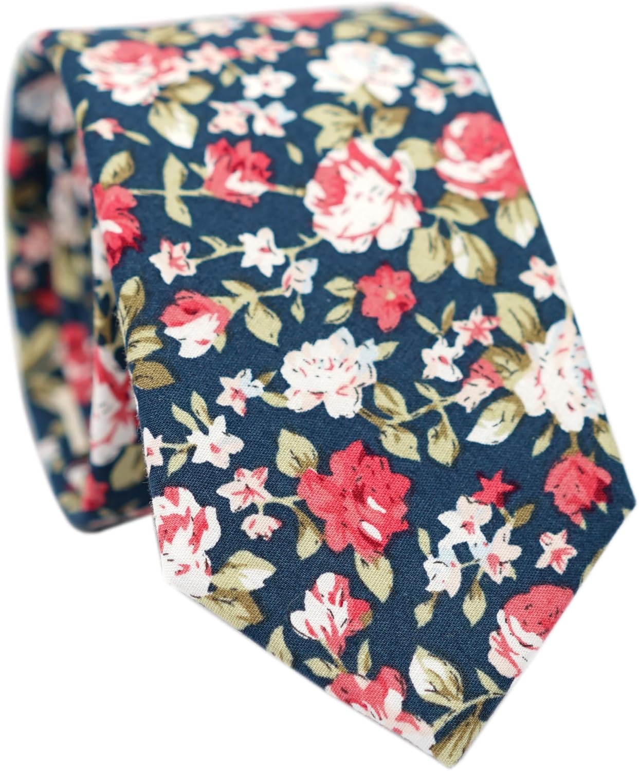 BELLUNO Cotton Floral Tie for Men, Skinny Flower Necktie for Wedding, Party, Activities, Cotton Slim Tie + Gift Box