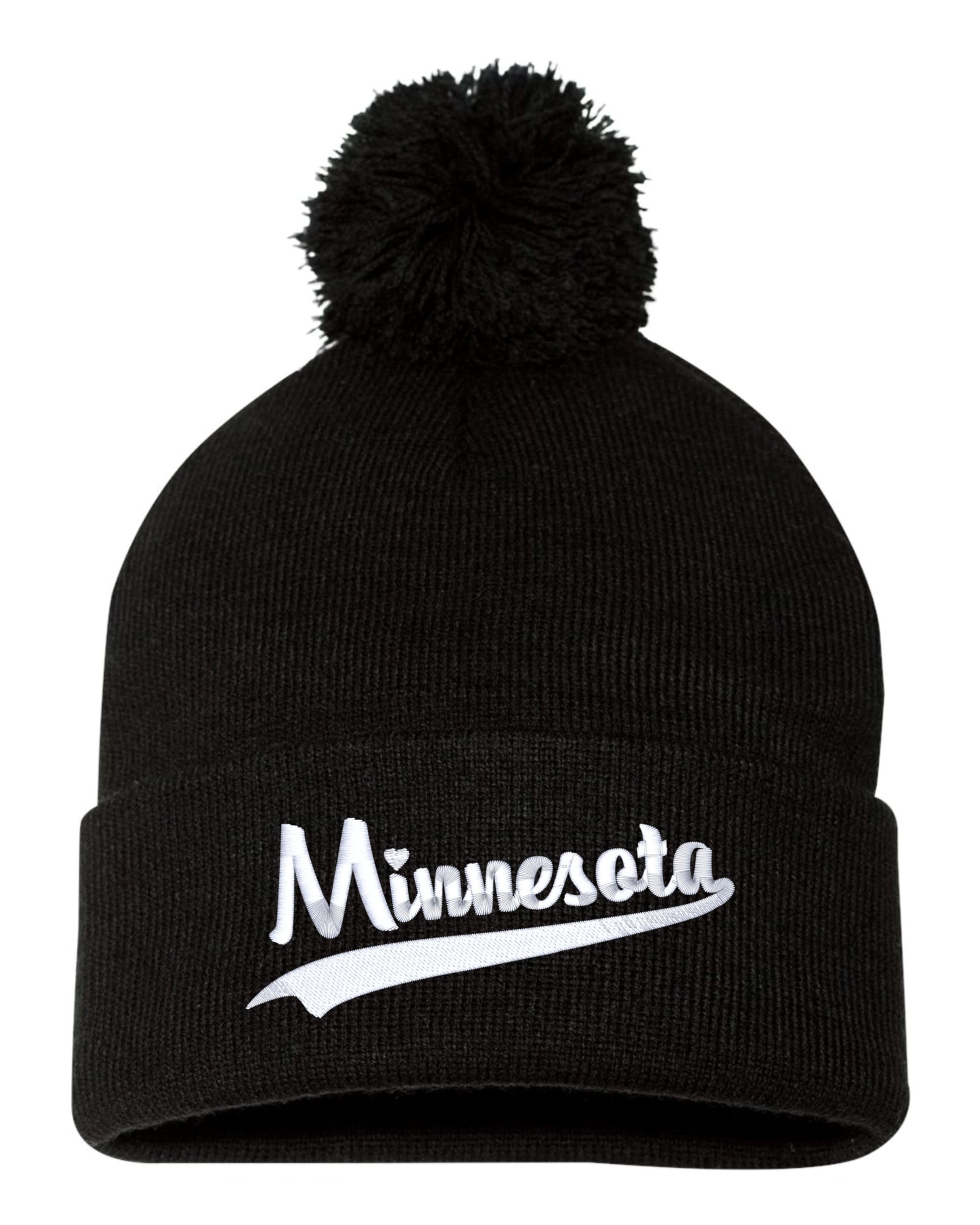Go All Out One Size Black Pom State of Minnesota Script Embroidered Knit Beanie Pom Cap