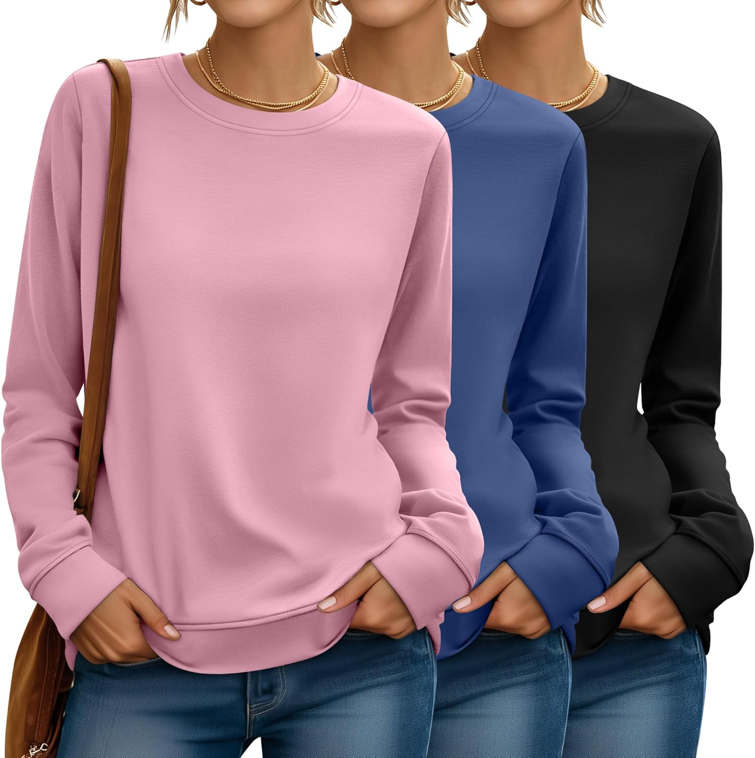 Riyiper 3 Pack Women's Long Sleeve Sweatshirts, Crew Neck Pullover Shirts Loose Casual Lightweight Fall Tops 2025 Trendy Black, Denim Blue, Pink XX-Large