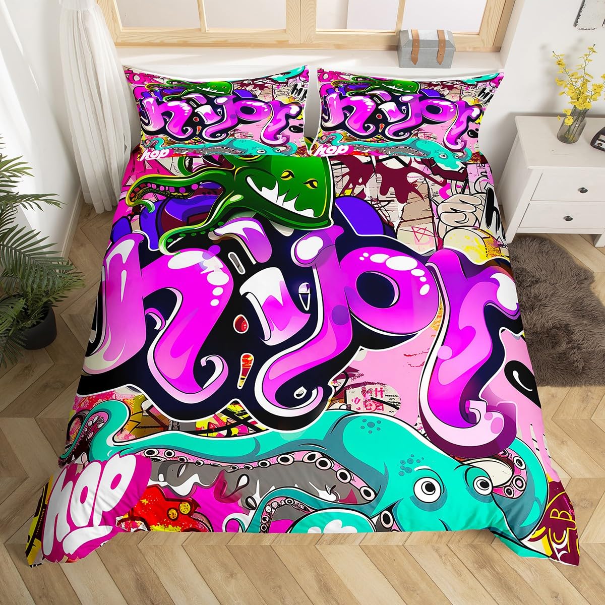 Homewish Hip Hop Duvet Cover Cot for Kids Boys Girls,Street Culture Quilt Cover,Graffiti Graphic Bedding Set,Hippie Wall Art Bed Set with 1 Pillowcase Bedroom Decor