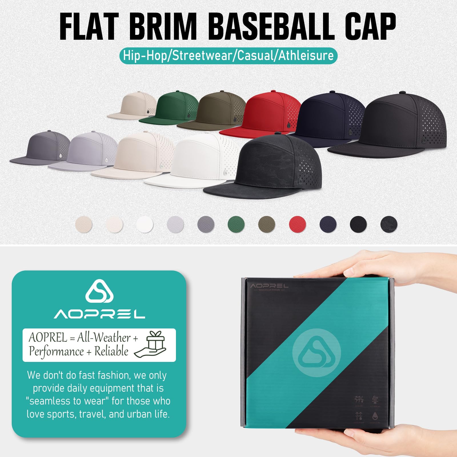 AOPREL Casquette de Baseball à Bord Plat pour Homme - Réglable - Résistante à l'eau - Perforée au Laser - pour la Course, Le Golf, l'entraînement, la Gym et l'extérieur