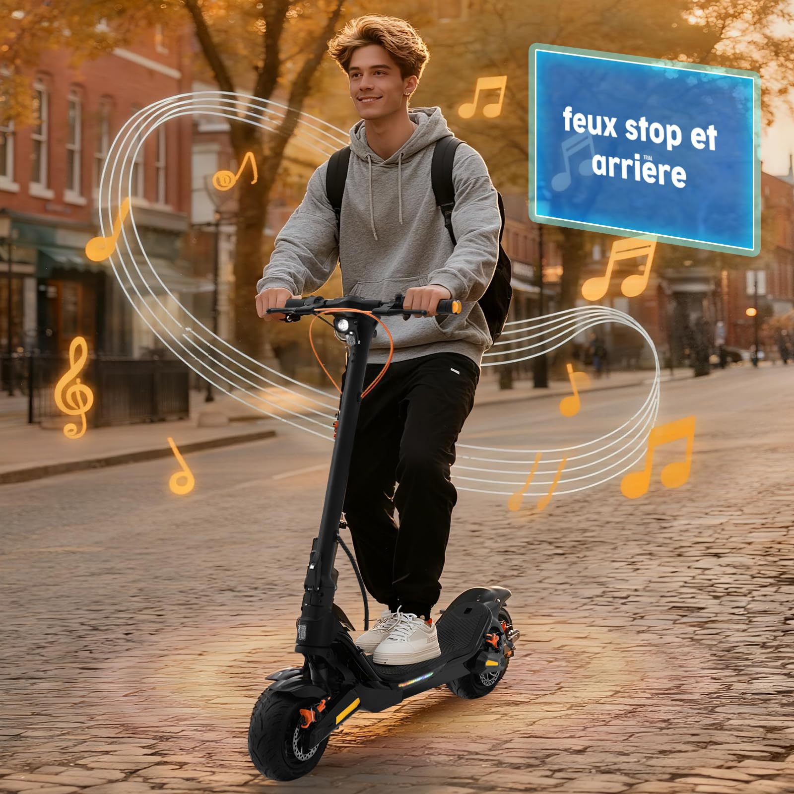 Trotinette Electrique Adulte RS500, Autonomie 55KM Batterie 36V 18Ah Moteur 1000W,Déverrouillage par Empreinte Digitale, Haut-Parleurs HD, Pneu Larges de 88 mm, Bandes Lumineuses colorées-Noir