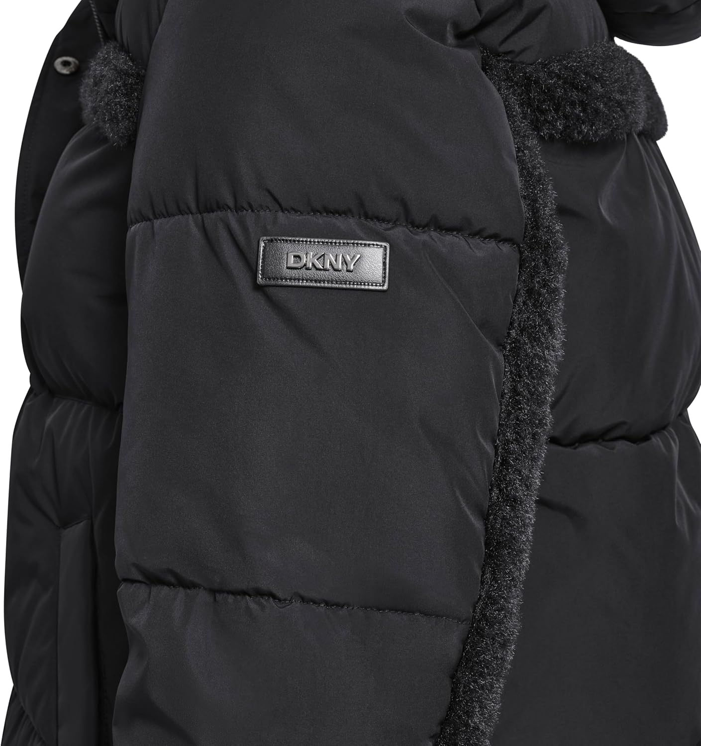 DKNY Women's Short Puffer Coat With Hood and Faux Fur Trim – Quilted Winter Jacket