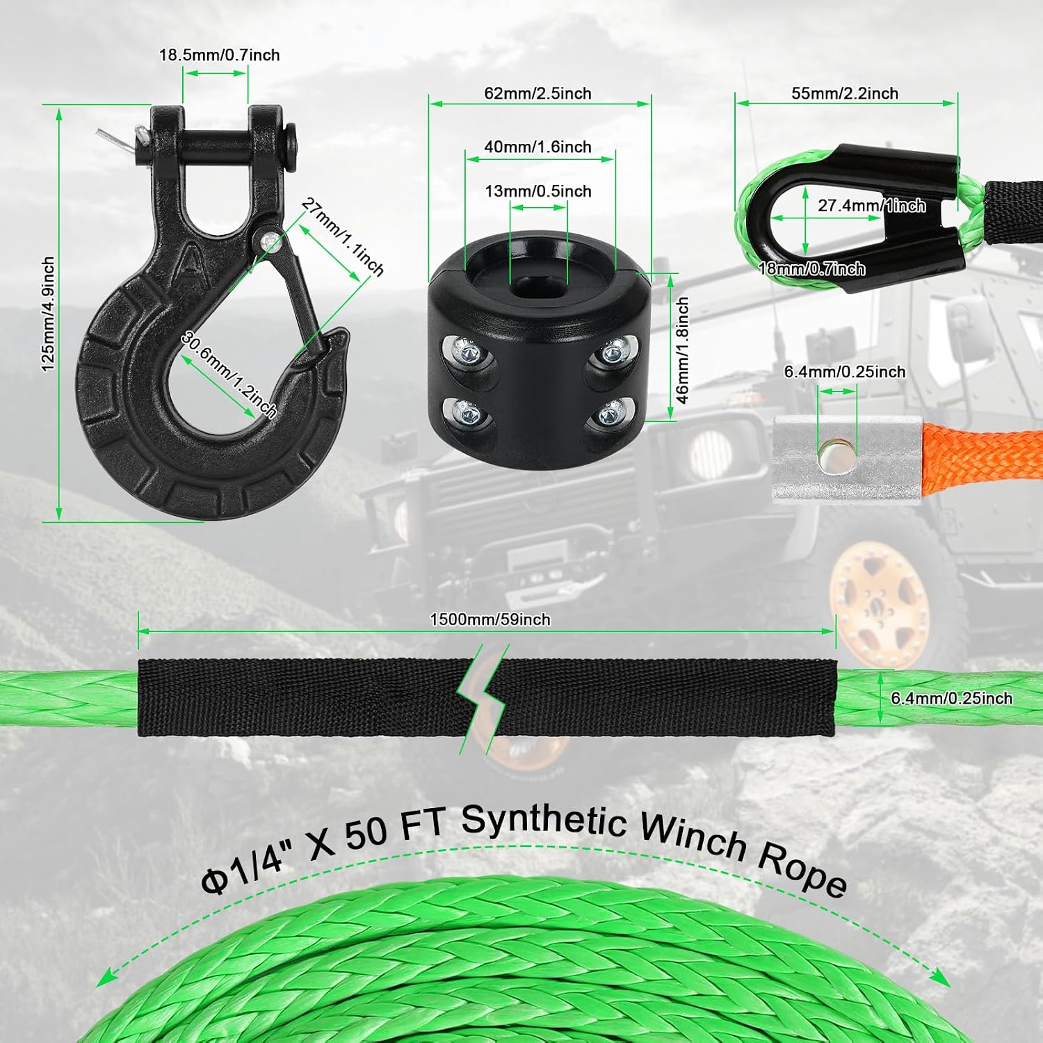Synthetic Winch Rope,1/4" x 50 ft 10000Lbs Winch Rope Line, Synthetic Winch Cable with Protective Sleeve+Winch Hookfor Offroad Vehicle ATV UTV SUV (Green)