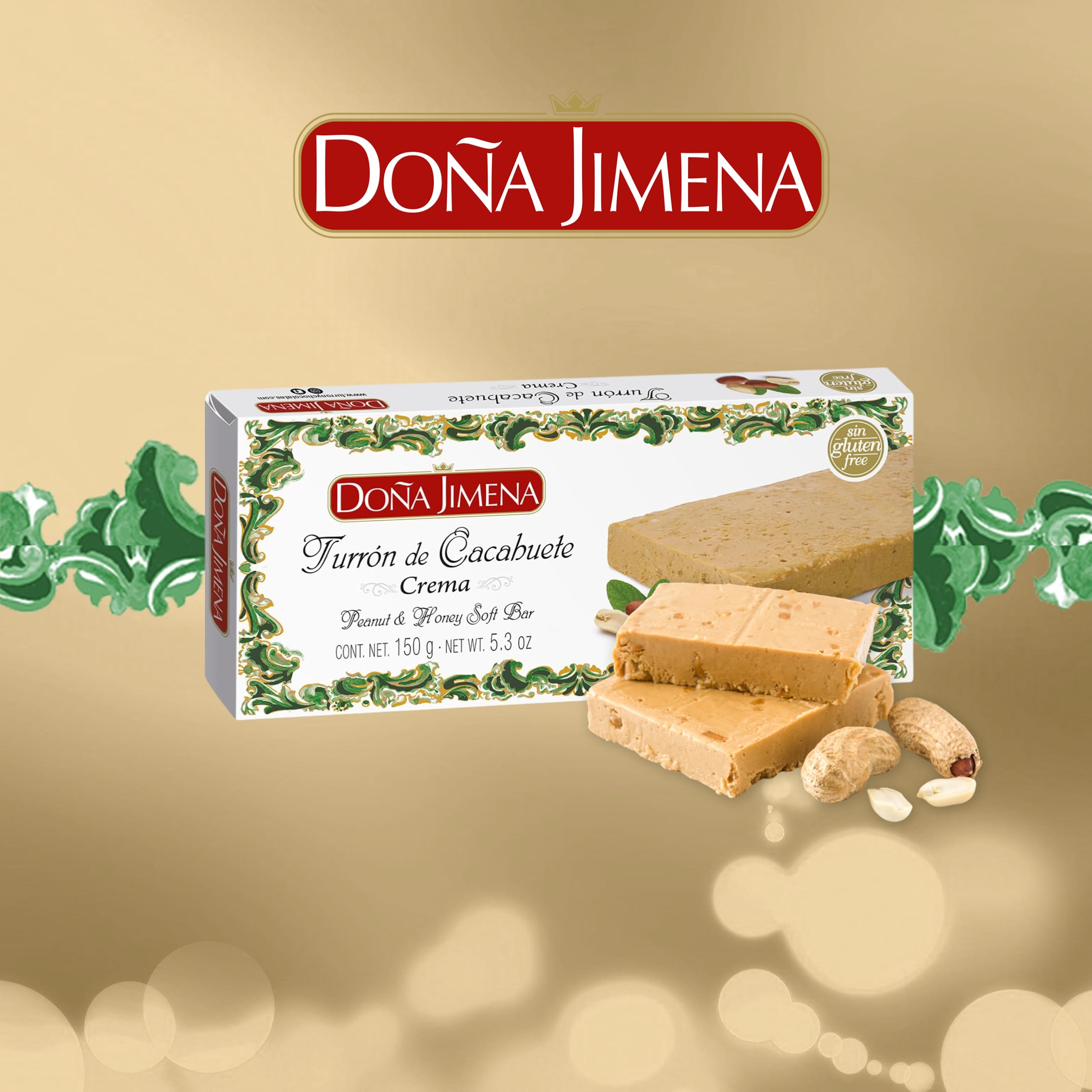 Doña Jimena Turrón de Cacahuete y Miel, Textura Cremosa, Calidad Suprema, Típico Dulce Navideño, Turrón Tradicional Sin Gluten, Almendra, 150 Gramos