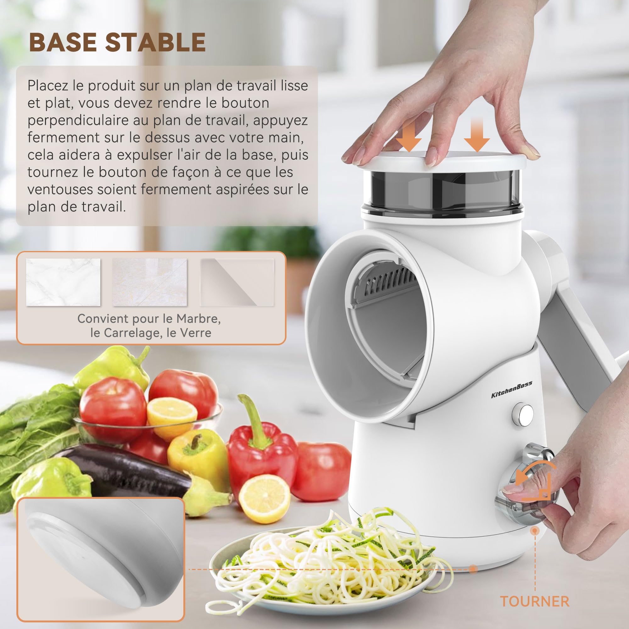 KitchenBoss Rapeuse Legume Manuelle,Rape Fromage:Coupe Légumes Multifonctionnel 3 en 1,avec Manivelle et 3 Lames de Rechange,peut être utilisé pour une large gamme de Fruits et Légumes,Blanc