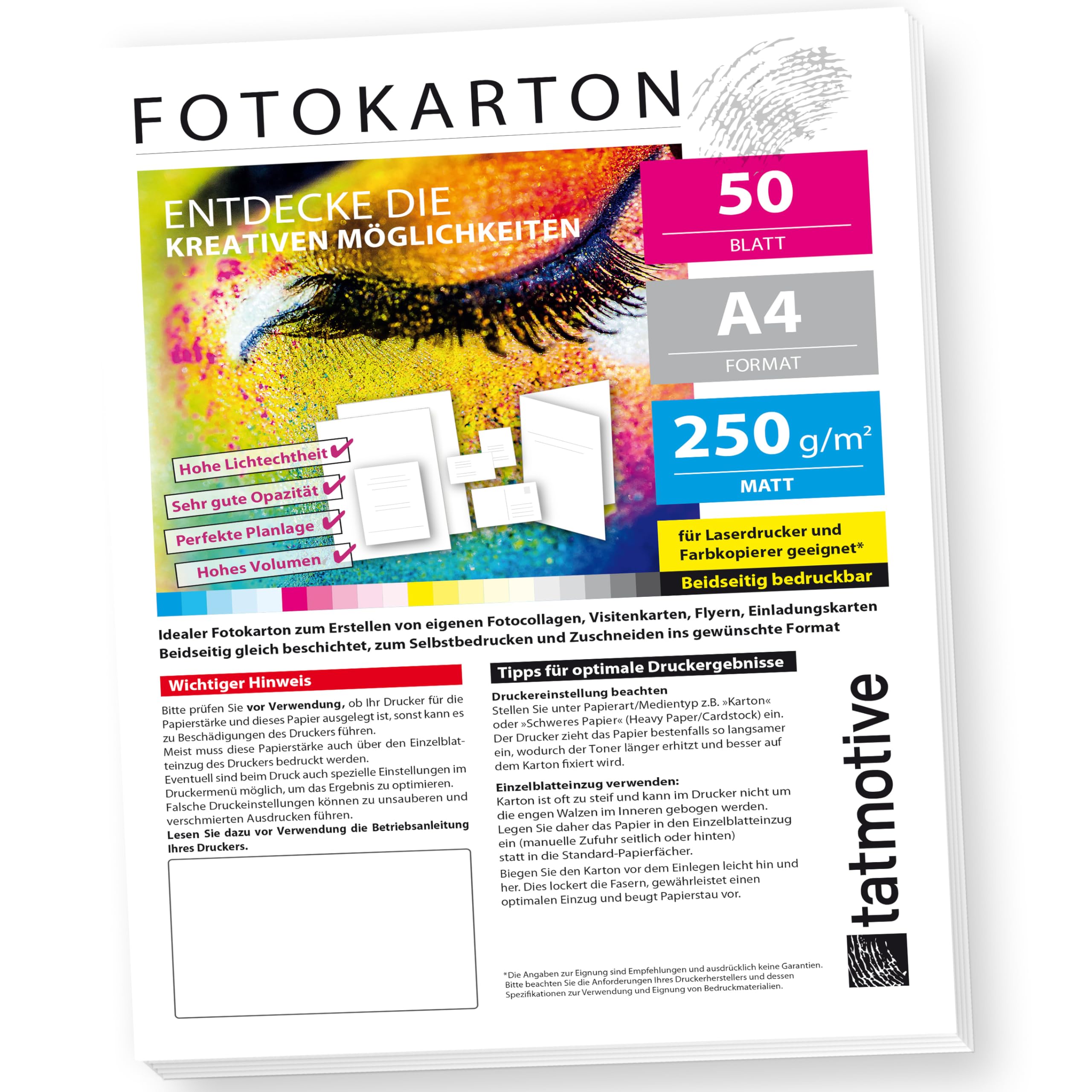 PREMIUM High-End Druckerpapier Fotokarton Fotopapier 250g Matt weiß/für Laserdrucker/DIN A4 / Beidseitig bedruckbar / 50 Blatt TONKARTON