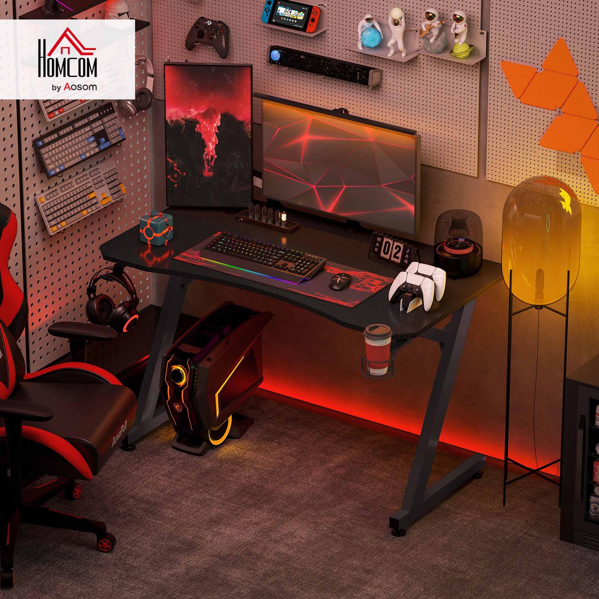 HOMCOM Mesa Gaming 120x65x74,5 cm Escritorio Ergonómico para PC Negro | Gaming Desk, Portavasos, Gancho para Auriculares, Pies Ajustables, Efecto de Fibra de Carbono