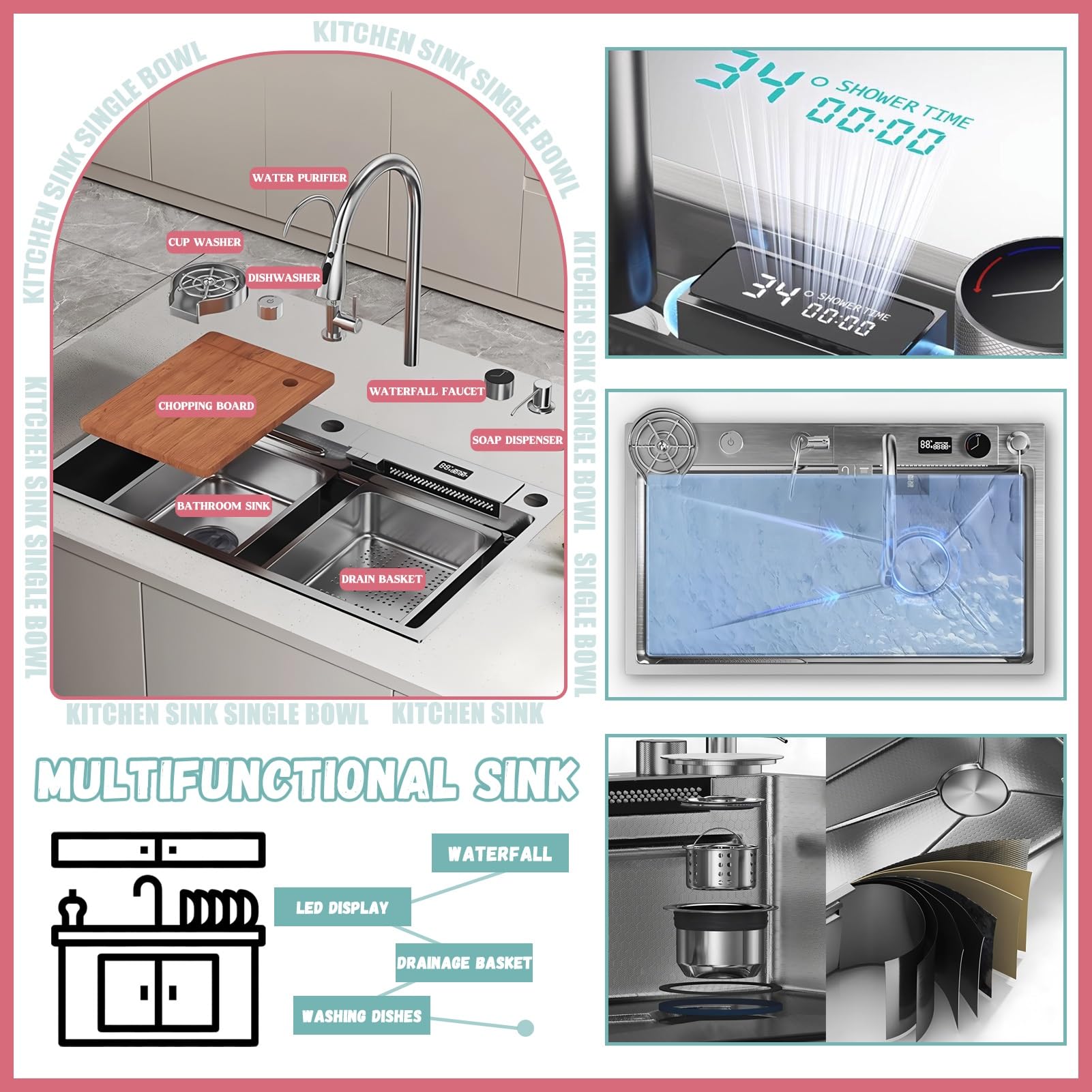 Fregadero Tipo Cascada de 90 x 50 cm, 1 cubeta, Rectangular, Acero Inoxidable Cepillado, Fregadero Grande para encimera de Cocina con Grifo Extensible, sifón, rebosadero y desagüe.