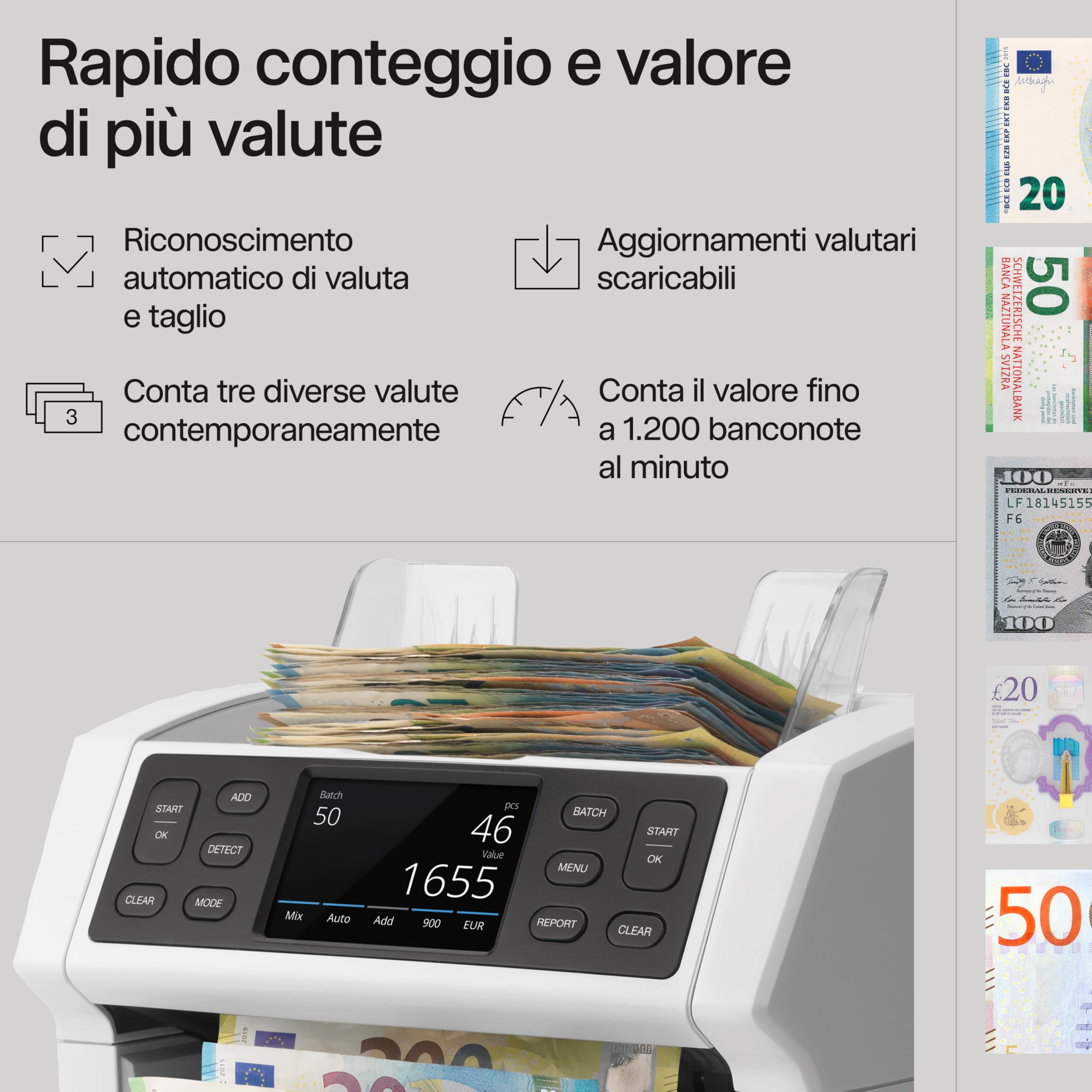 Safescan 2865-S Contabanconote che conta banconote miste - Contabanconote con verifica banconote a 7 punti - Contabanconote con interfaccia multilingue