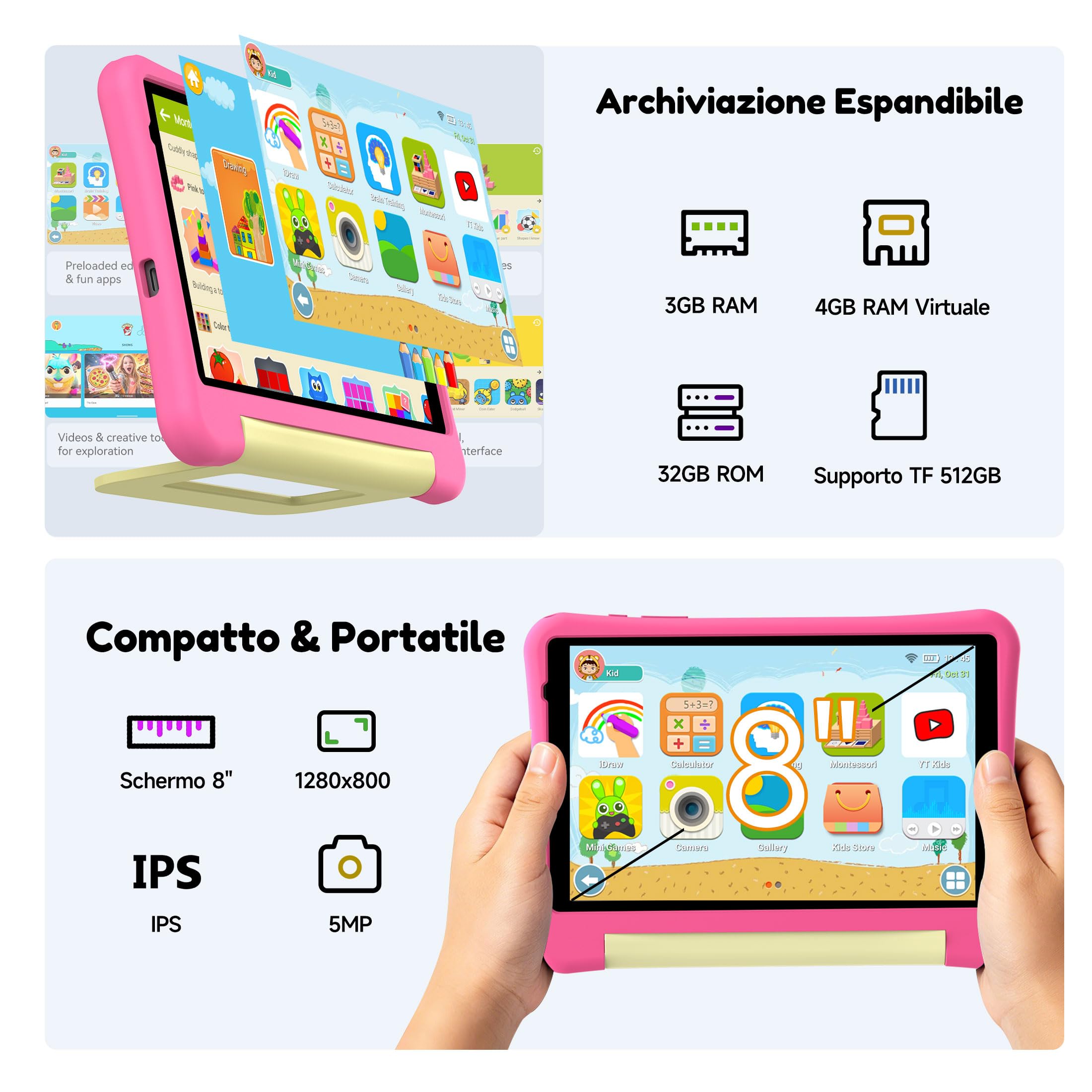 ALLDOCUBE Kido Tablet Per Bambini 8 Pollici, Android 15 Go, 32GB ROM, Rosa | Controllo Parentale, iWaWa preinstallato, 512GB TF, Unisoc T310, 5000mAh, 2 Altoparlanti, Jack 3,5mm, Cover Anticaduta
