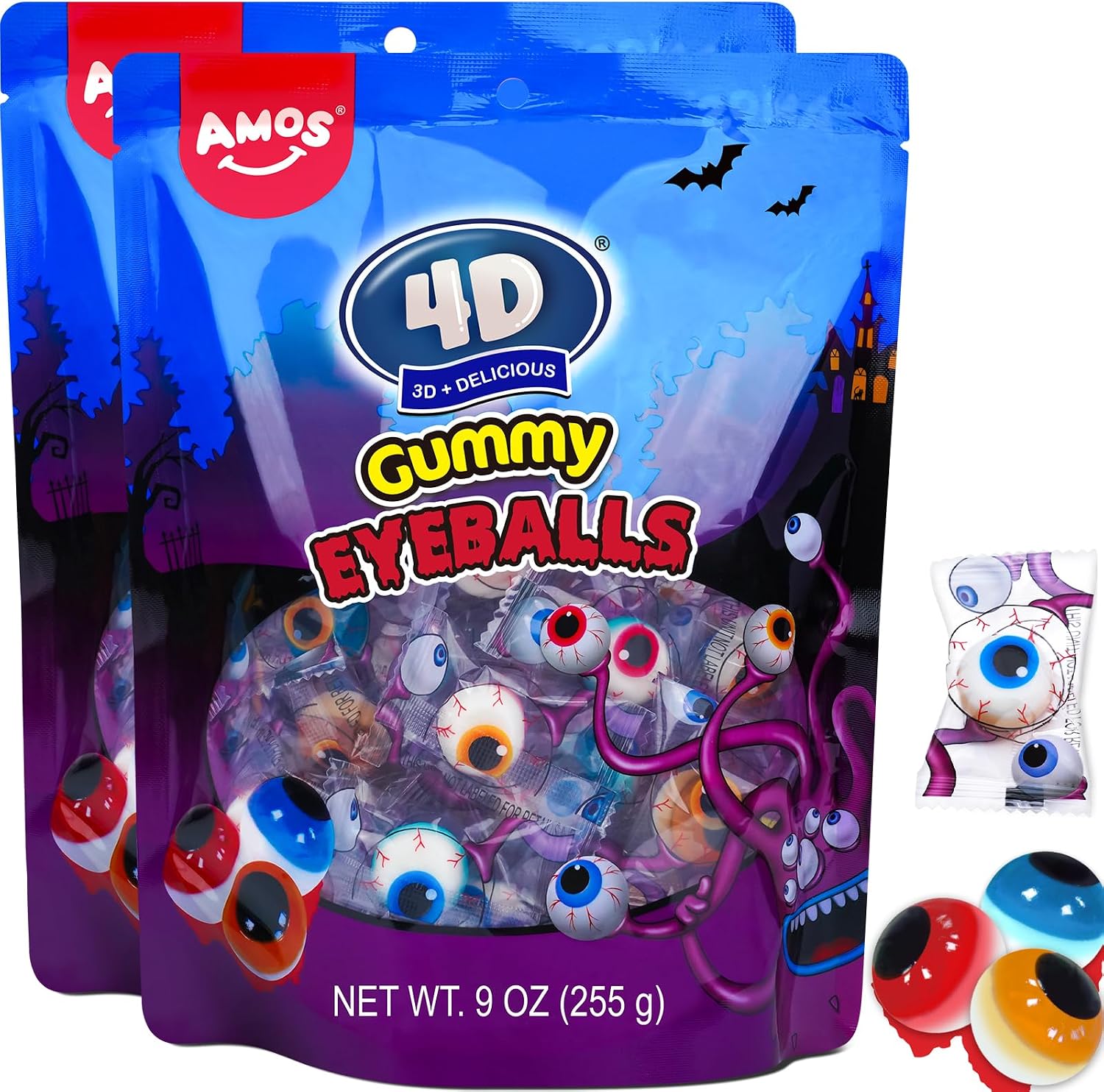 Amos Eyeball Gummy Candy 2 Bag– Naturaly Flavored 3D Gummy Eye Candy Treats for Kids & Parties, Fun & Playful Gummy Eyeballs, Individually Wrapped, 40 Count, 9oz Bag