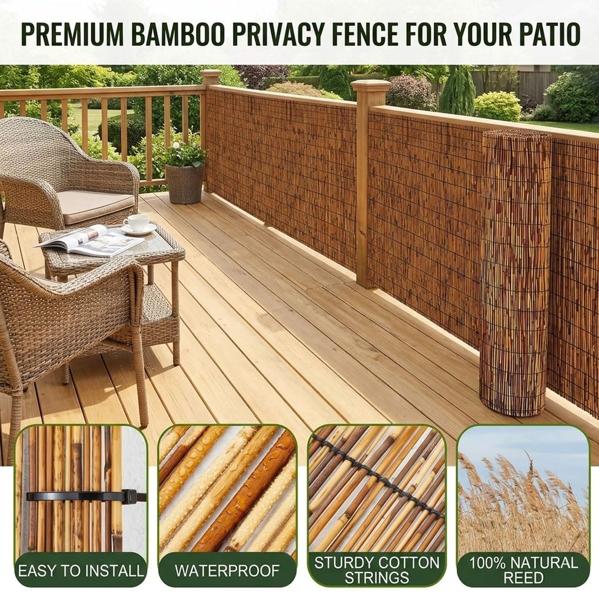 Canisse en Roseau Naturel, Hauteur 30-240cm Rouleau de Clôture en Bambou, Clôture Brise Vue Balcon Imperméable pour Exterieur Terrasse Piscine Séparateur Décoratif, Tapis Bambou(Nature,200x650cm)