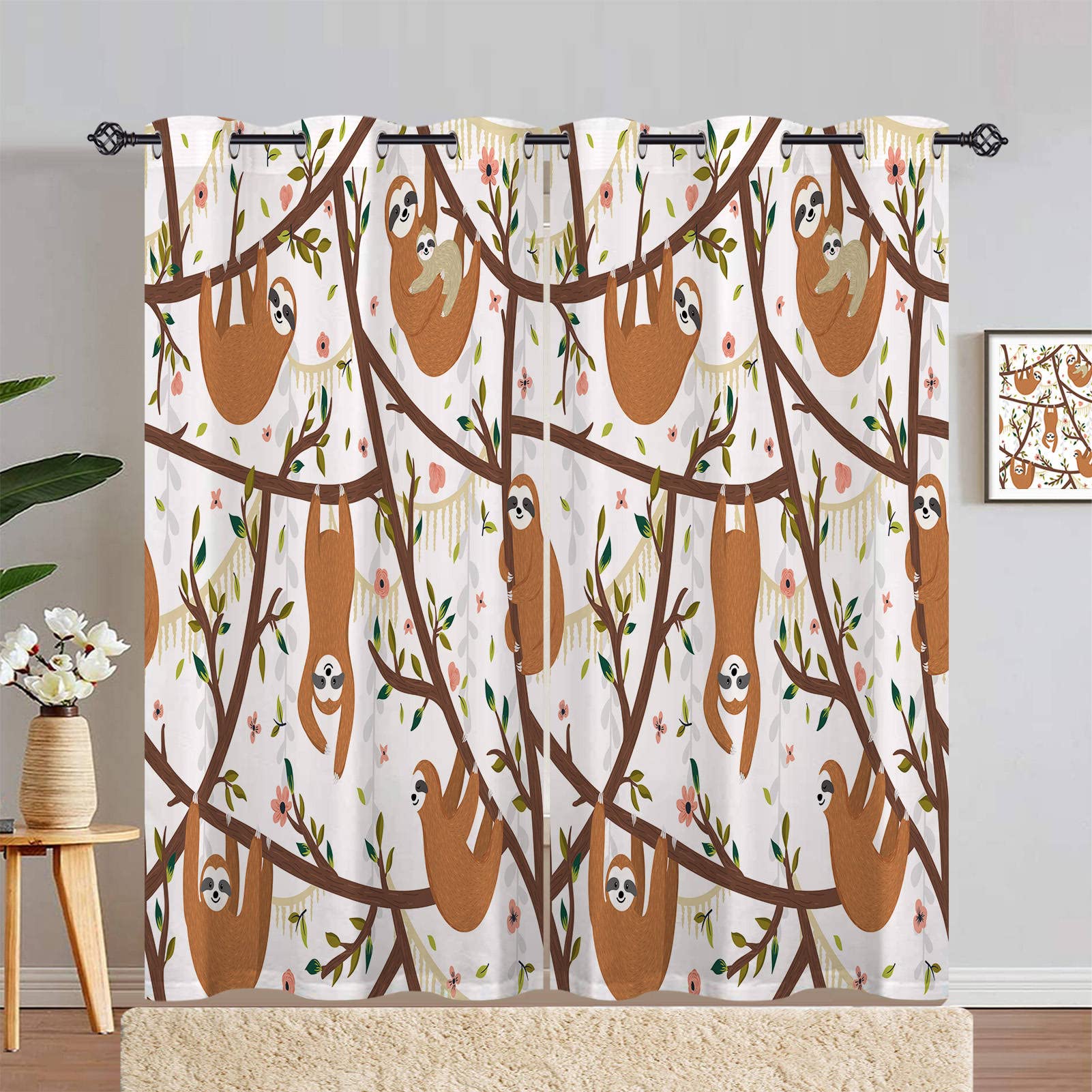 ANHOPE Sloth Curtains Eyelet 80% Blackout Room Darkening Curtains Cute Jungle Animal Sloth Print Pattern Thermal Light Blocking Window Drapes for Kids Bedroom Living Room 66 x 90 Inch Drop 2 Panels — image 1