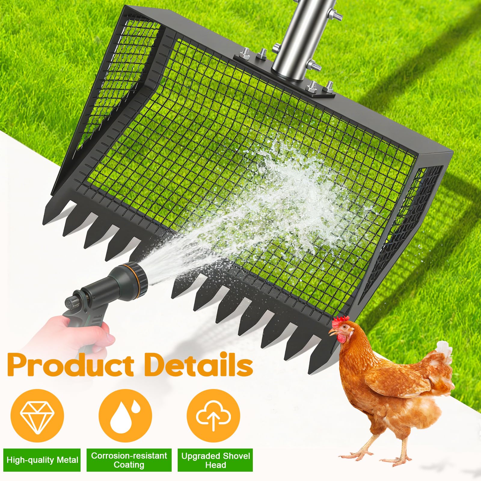 Pala per escrementi di pollo da 25,5 cm, con manico ergonomico, accessorio regolabile in acciaio inox per pollaio, pala multiuso estensibile per proprietari di pollame e gatti, regolabile 102-182 cm