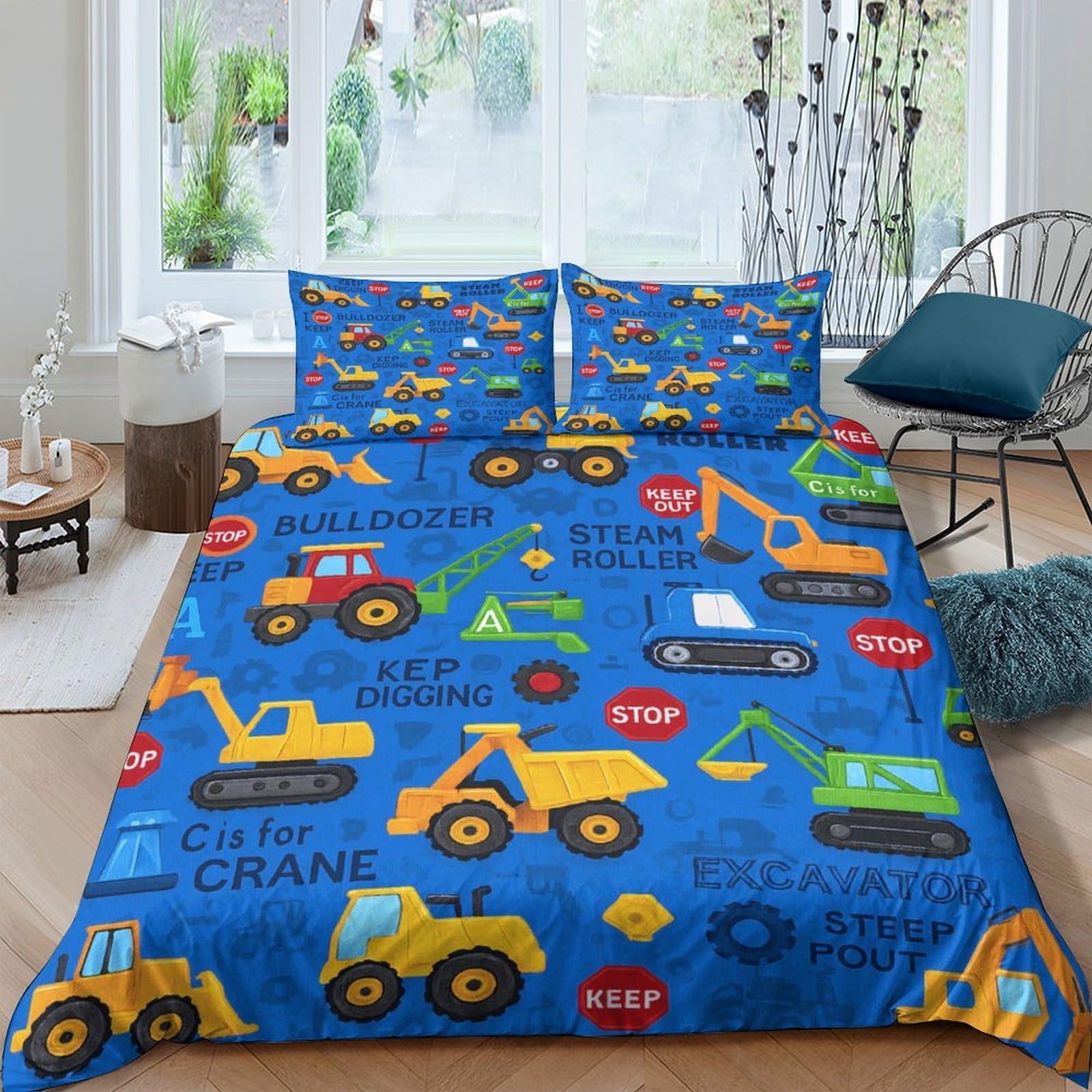 Ctjqhvkz Style-7 3D Printed Construction Vehicles Fitted Sheet Microfiber Non Slip Blue Cartoon Bed Cover For Bedroom Dorm Mattress Decor Single（135X200cm）