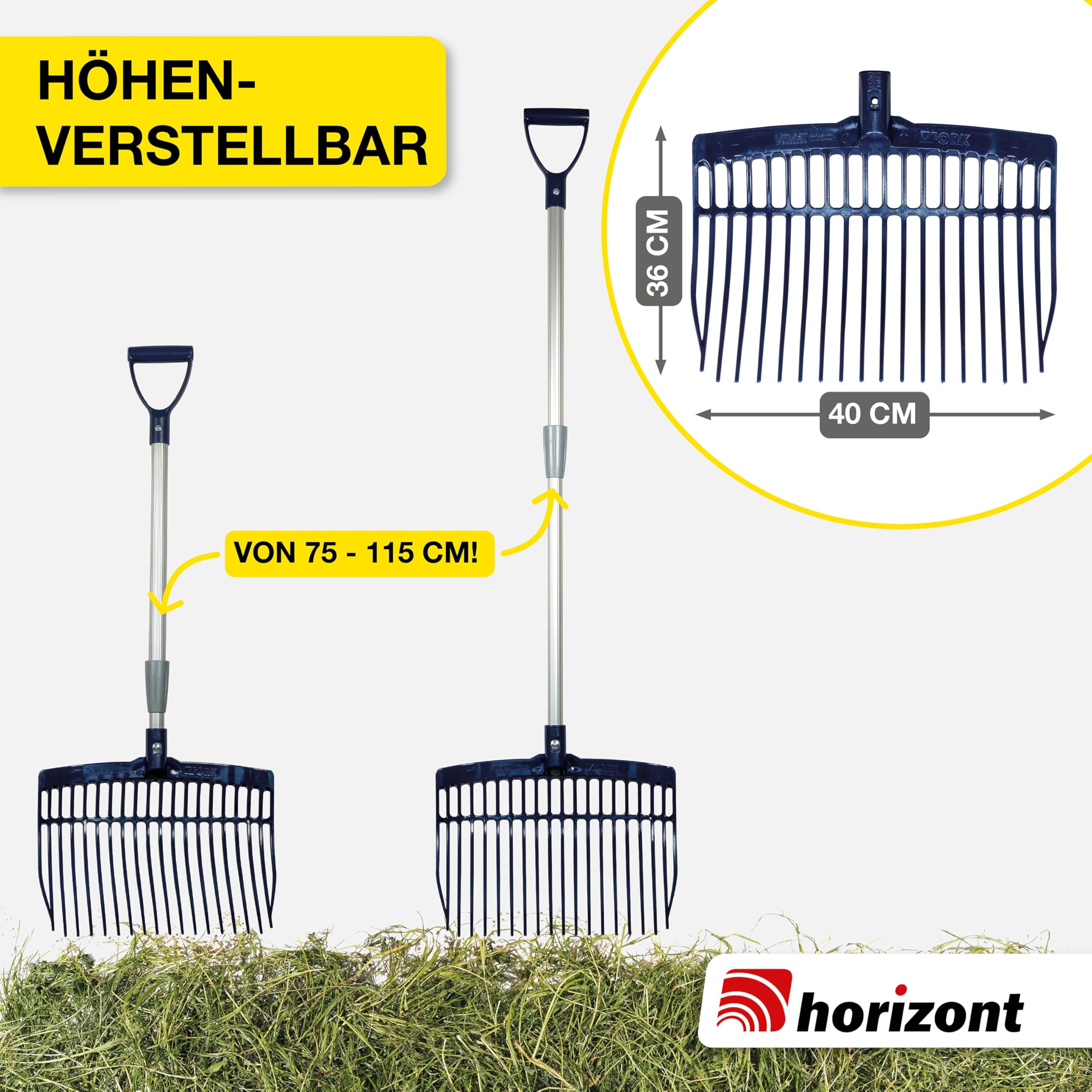 horizont Schwedengabel mit verstellbarem Aluminiumstiel 75–115 cm, Mistgabel für Kinder & Erwachsene, leichte stabile Dunggabel, ergonomisch & wetterfest, Heugabel Kinder, Bollengabel
