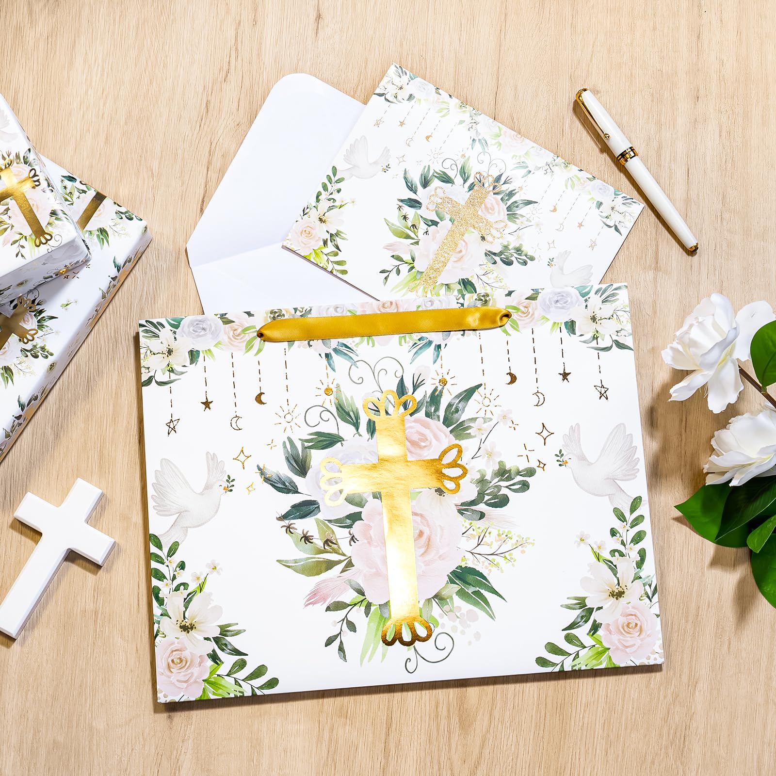 WRAPAHOLIC 13" Large Religious Gift Bag with Card and Tissue Paper - Gold Foil Floral Cross Design for First Communion, Easter, Baby Baptisms, Christenings