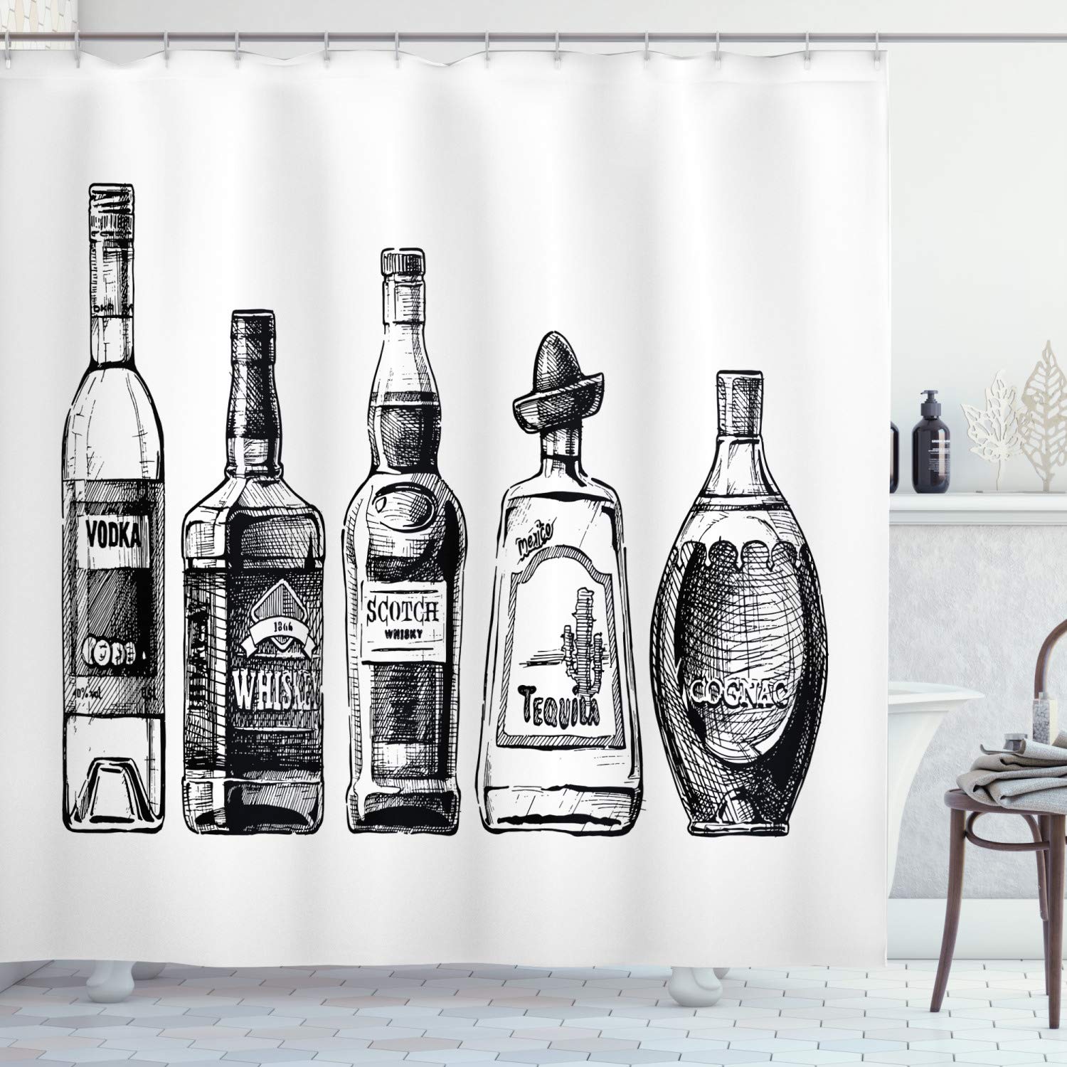 ABAKUHAUS Alcohol Shower Curtain, Ink Drawing Beverages, Cloth Fabric Bathroom Decor Set including Hooks, 94 Inches, Black and White