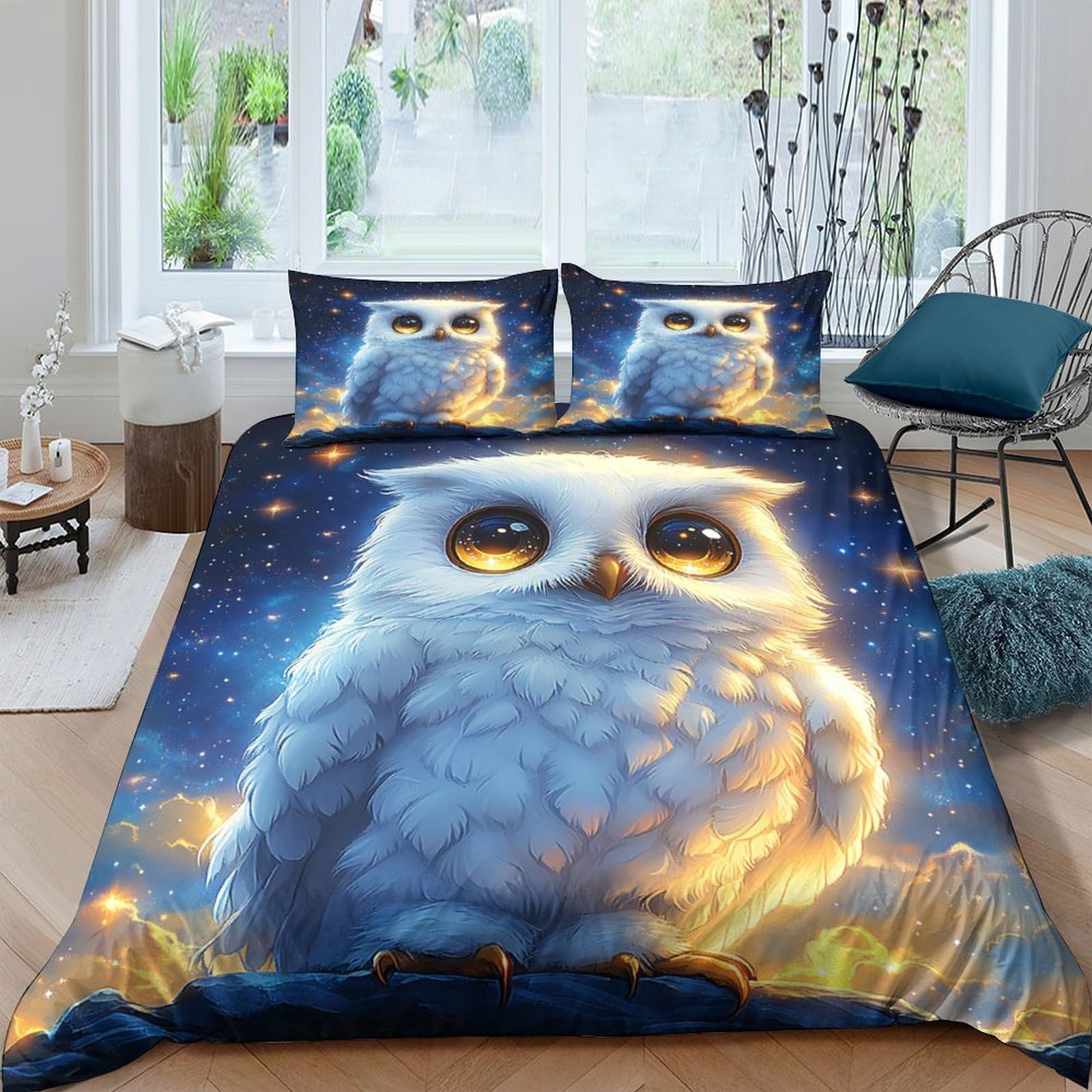 Ctjqhvkz Style-10 3D Printed Night Owl Fitted Sheet Microfiber Soft Blue Yellow Starry Sky Bed Cover For Bedroom Dorm Mattress Decor Single（135X200cm）