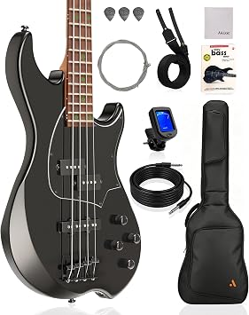 AKLOT Beginner Electric Bass Guitar Precision & Jazz Dual Pickup, Roasted Maple Neck, 4-String Full Size Bass Guitar Kit with Lesson Book, Gig Bag, Helix PJ4-BK