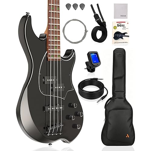 AKLOT Beginner Electric Bass Guitar: Precision & Jazz Dual Pickup, Roasted Maple Neck, 4-String Full Size Bass Guitar Kit with Lesson Book, Gig Bag, 2-Year Warranty(Helix PJ4-BK)