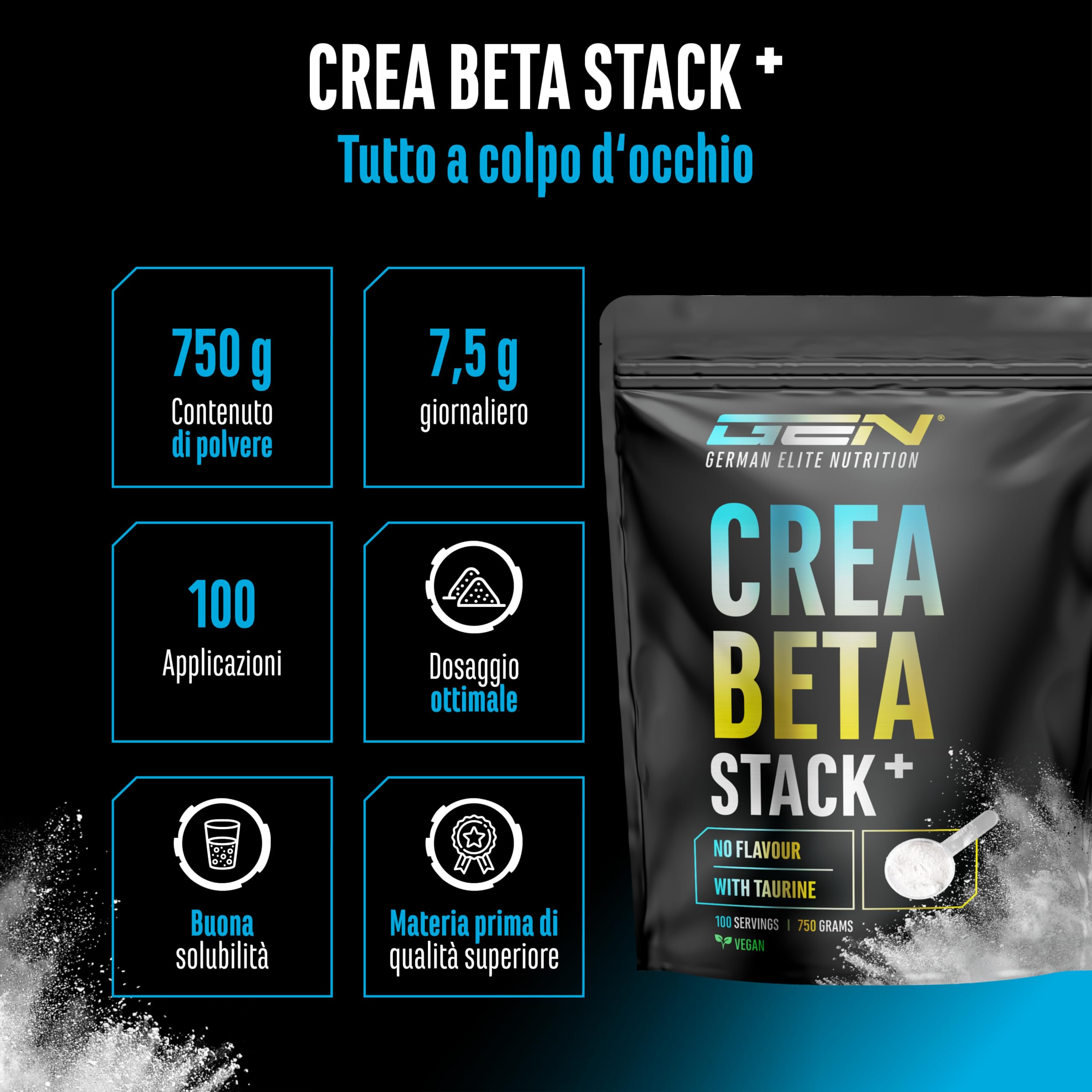 Creatin Beta Alanin Stack - 750 g polvere - creatina monoidrato + beta alanina + L-taurina - creatina micronizzata di alta qualità - dosaggio ottimale, vegano