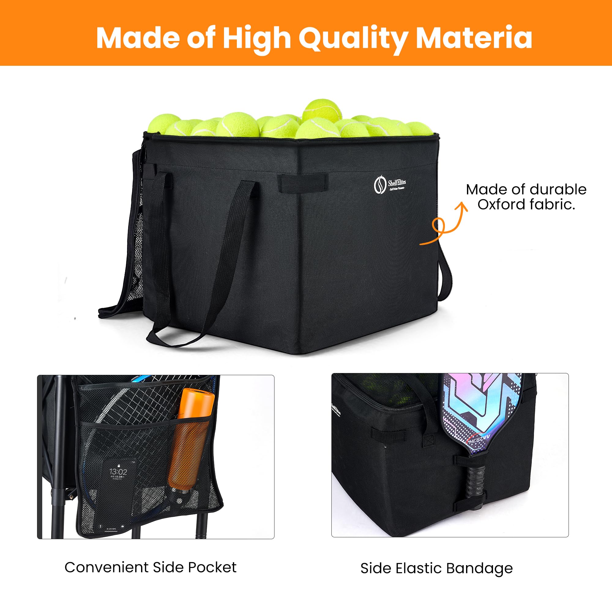 Tolva portátil para pelotas de tenis y canasta de pickleball | Carrito plegable, bolsa de almacenamiento incluida, uso multideportivo