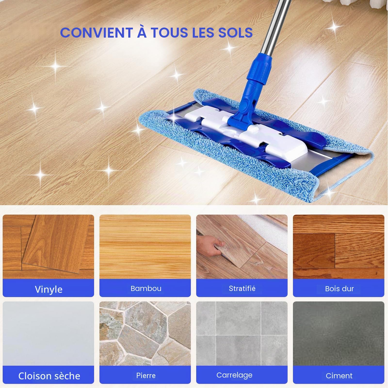 Lot de 8 serpillères en microfibre MR-SIGA - Recharges de nettoyage durables - Utilisation double face - Réutilisables et lavables