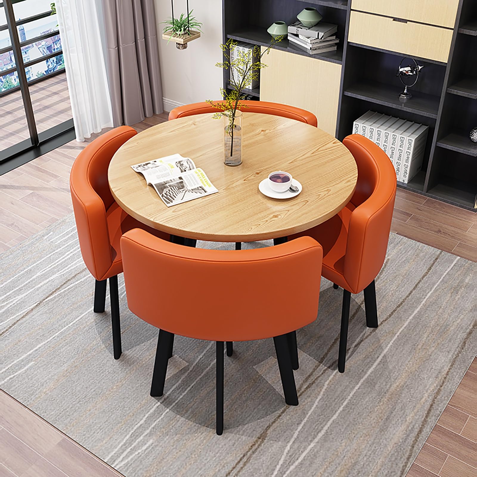 Round Dining Table Set for 4 with Marble Top and Chairs Office Reception Desk and Chair Set Suitable for Lounge Living Room Modern Furniture Dining Set,Light Orange-Round-cortical