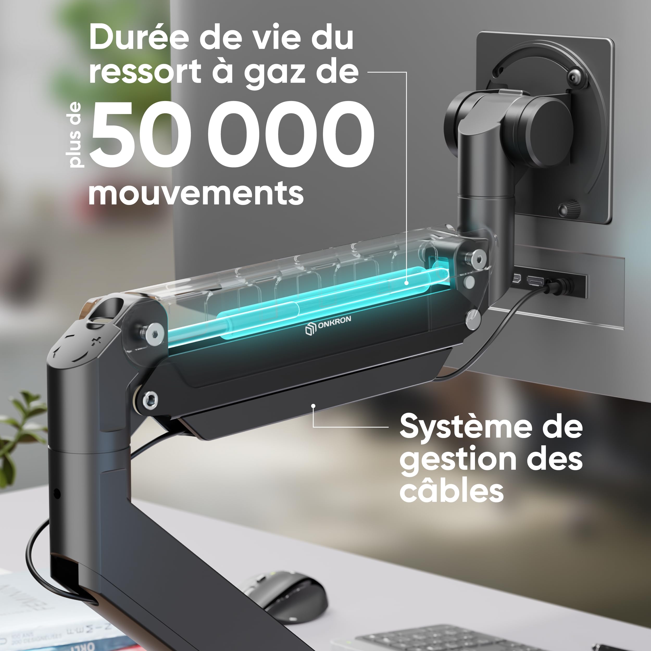 ONKRON Support Écran PC Ultra Large 17"-57" Bras Articulé 27 kg Gaz Ressort VESA 75x75-200x200 Inclinable Pivotant Rotatif G130-B Noir