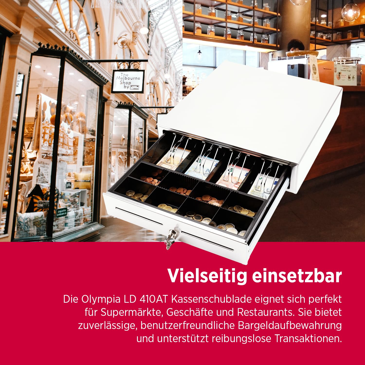 Olympia LD 410S Kassenschublade | Geldkassette abschließbar mit Einwurfschlitz | RJ12-kompatibel | 8 Münz- & 4 Scheinfächer+Halteklammern | Metallgeldbox für Handel & Gastronomie | 41,5x41x10,4 cm