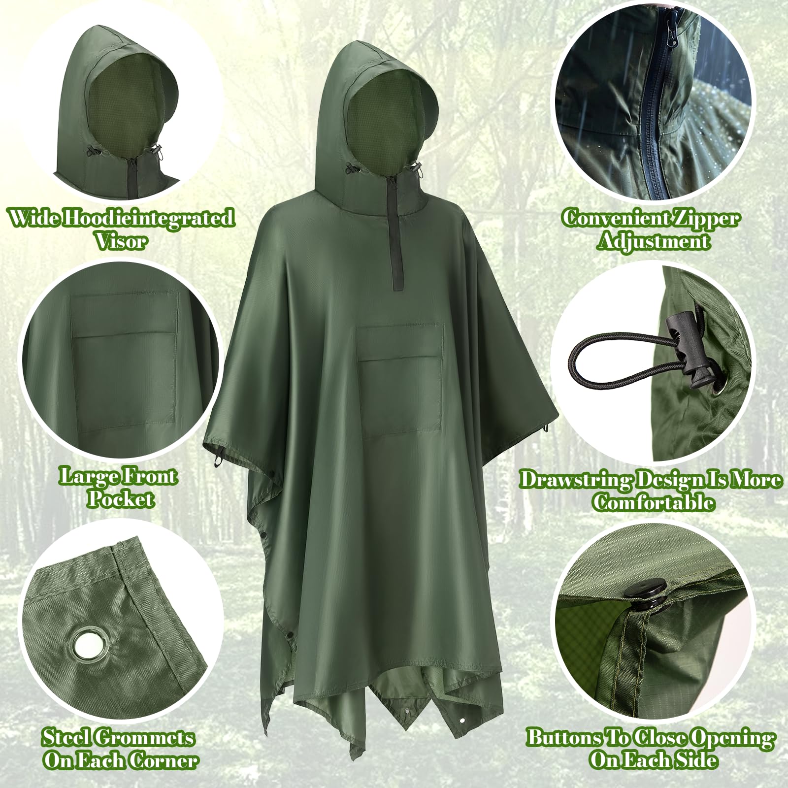 Regenponcho Wasserdicht Wandern Mit Halbzip Leichter Mehrzweck Regencape Mit Rucksack Atmungsaktiv Poncho Herren Damen Hiking Faltbare 3-In-1 Regenmantel Camping