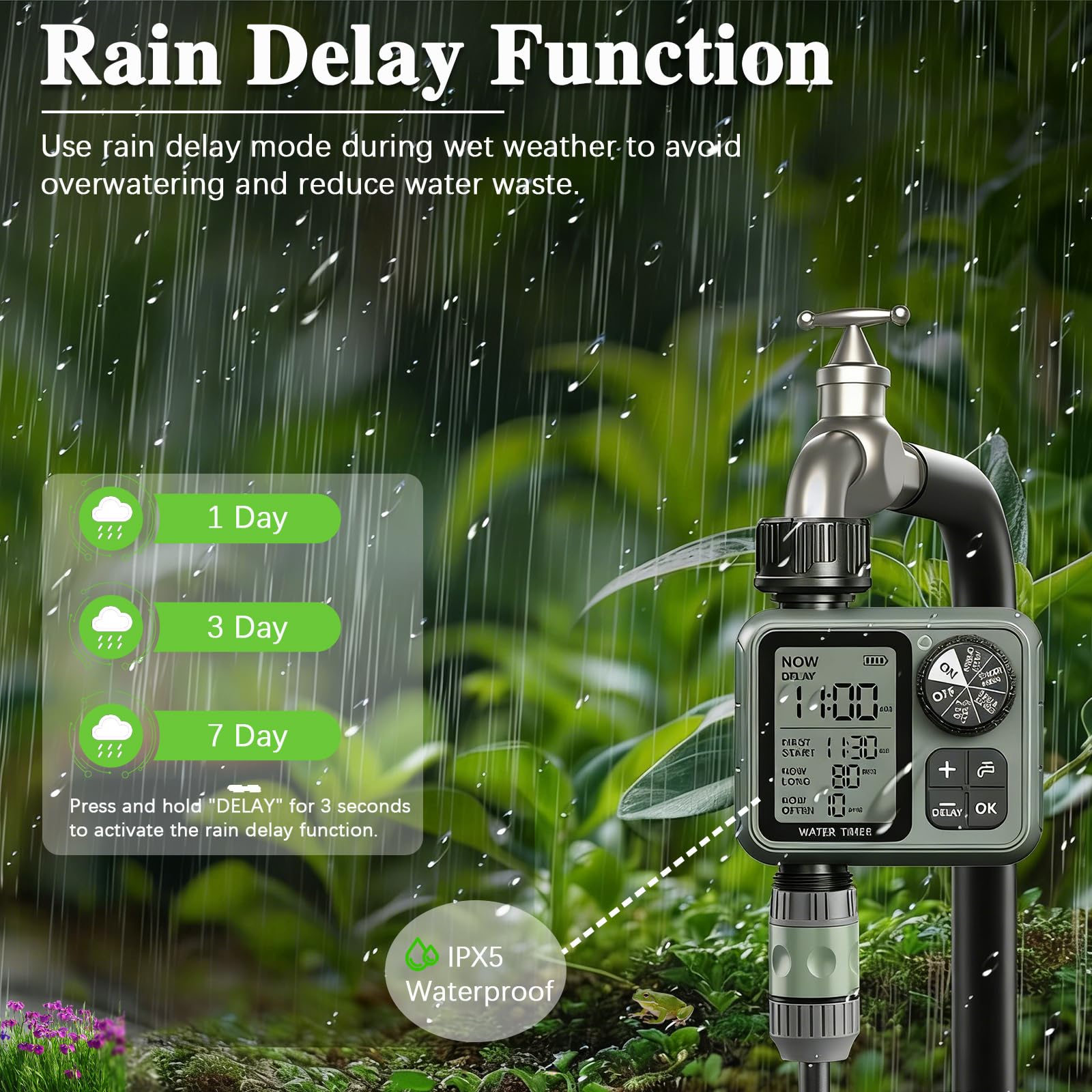 Timer irrigatore per tubo da giardino – Regolatore di irrigazione automatico con ritardo pioggia e modalità manuale, timer programmabile per tubo dell'acqua per prato, cortile, irrigazione a goccia