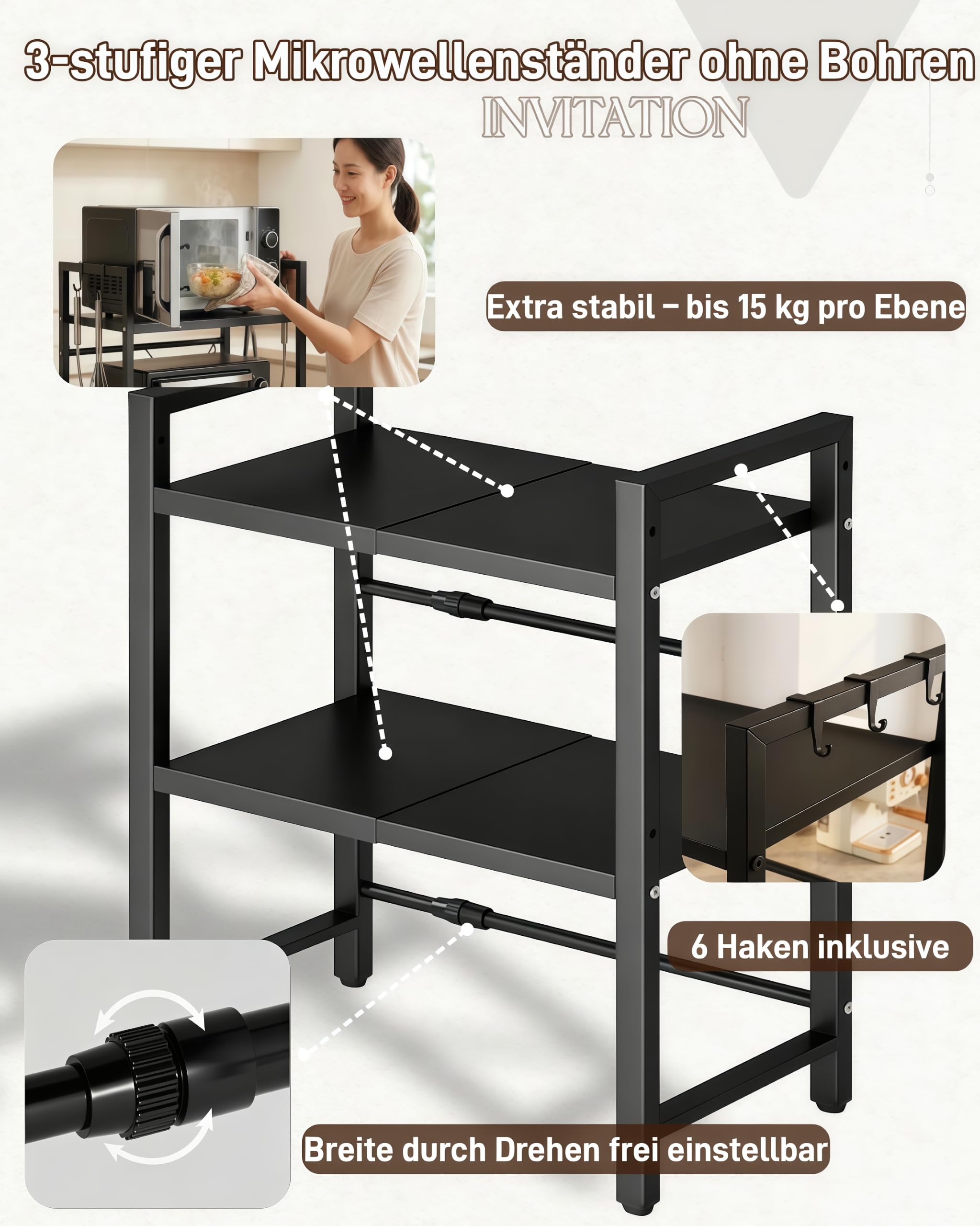 Mikrowellenregal 3 stufig ausziehbar Höhenverstellbarer Mikrowellenständer (40-64cm) ohne Bohren mit 6 Haken, Kohlenstoffstahl für Backofen, Kaffeemaschine & Airfryer