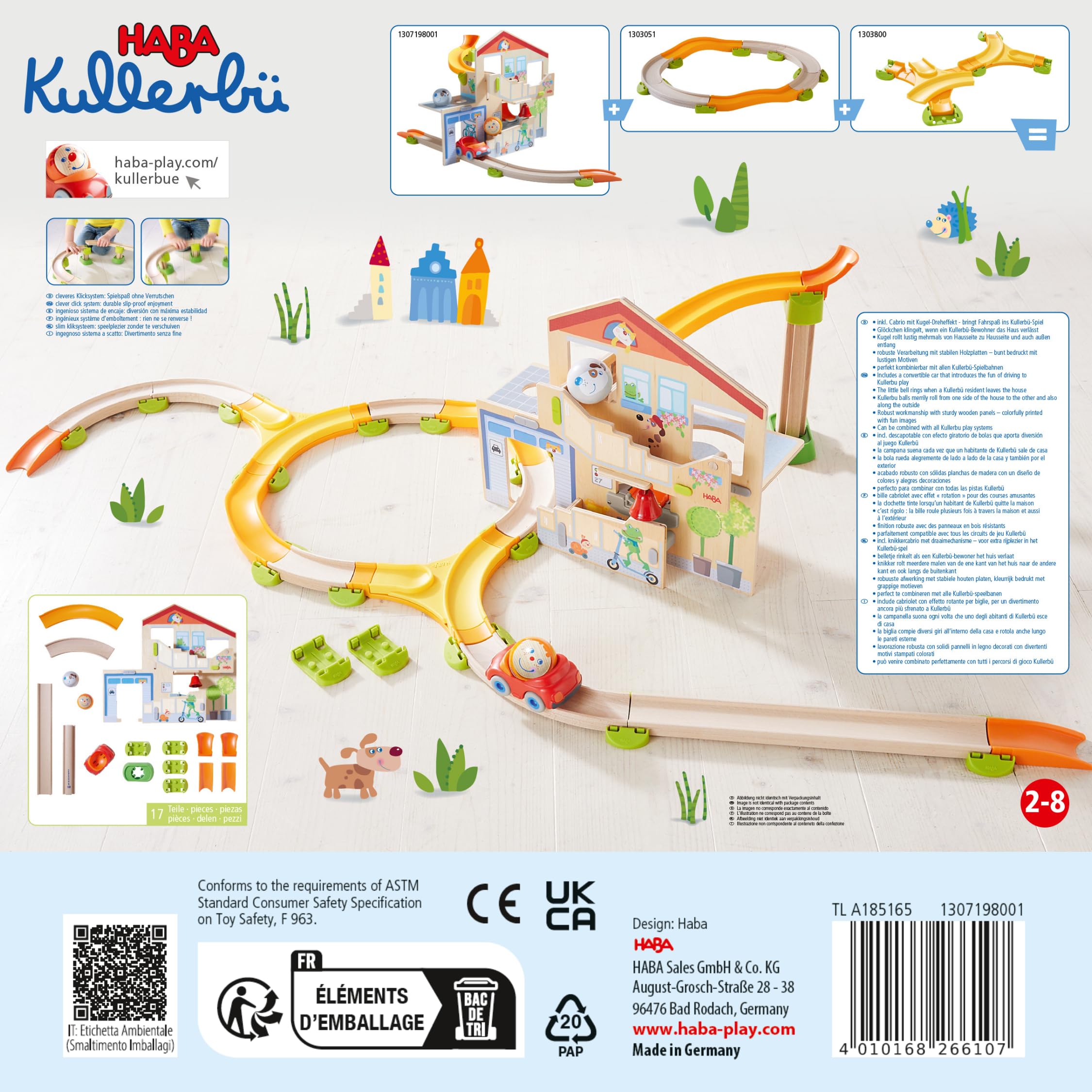 HABA Kullerbü – Spielbahn Kullerhausen – Kugelbahn ab 2 Jahren mit Glöckchenhaus & Cabrio – 17-teiliges Holzspielzeug-Starterset zur Motorikförderung – Erweiterbar – 1307198001