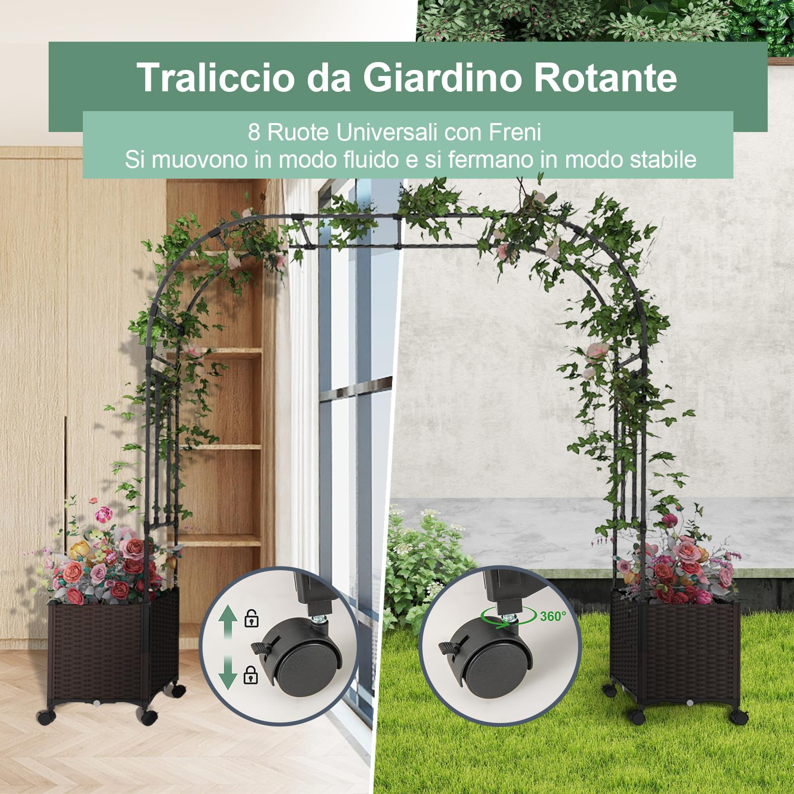 COSTWAY Arco da Giardino, Pergolato per Piante Rampicanti con 2 Fioriere, Sistema di Autoirrigazione, Fori di Drenaggio e Ruote Bloccabili, Decorazione per Matrimoni