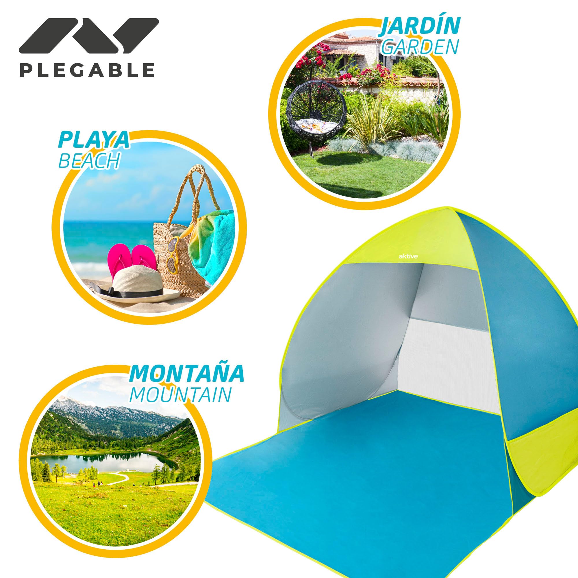 AKTIVE Tenda da spiaggia pop-up blu e verde, protezione solare UV50, design semi-chiuso con ventilazione, struttura pieghevole leggera, 130x130x110 cm, borsa per il trasporto (62165)