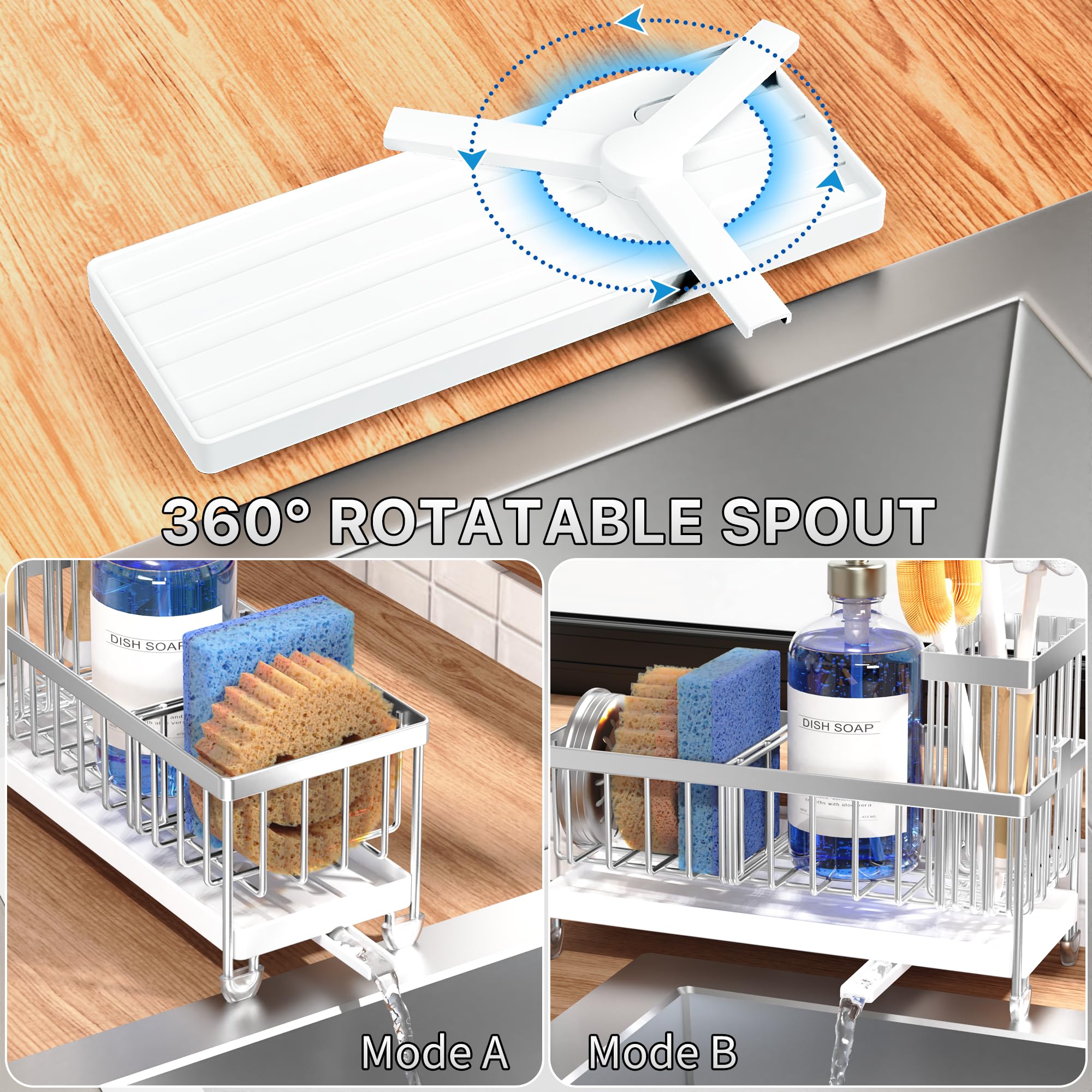 Cisily - Supporto per spugna per lavello da cucina, con porta spazzole rialzato, organizer in acciaio inossidabile antiruggine, per dispenser di sapone, accessori da cucina per l’organizzazione