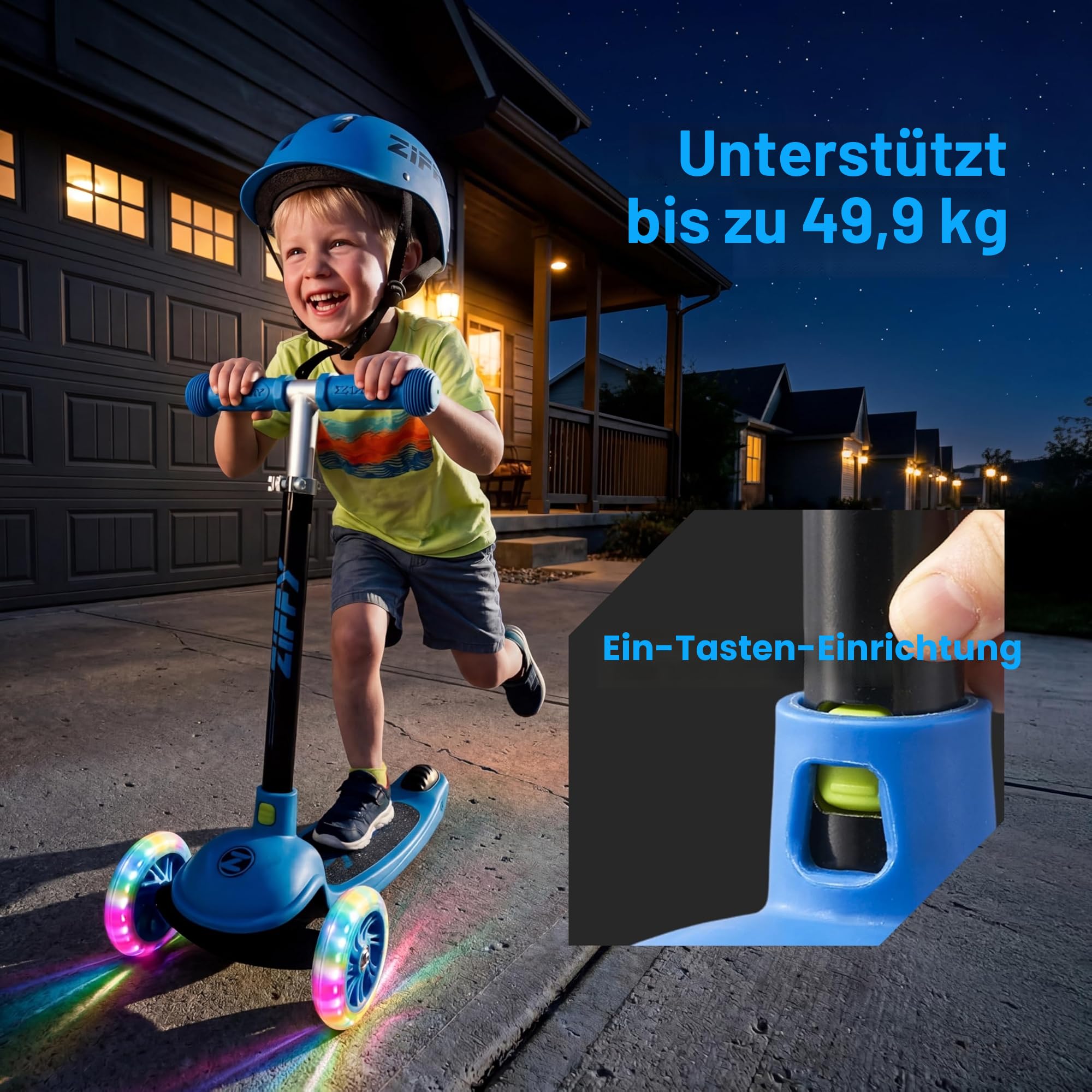 ZIFFY 3-Rad-Kinderroller 3–5 Jahre – Blau/Grün/Pink/Violett – LED-Leuchträder, Neigelenkung, Hinterradbremse – Höhenverstellbarer Lenker 44–61 cm – 1,8 kg, schnell zerlegbar