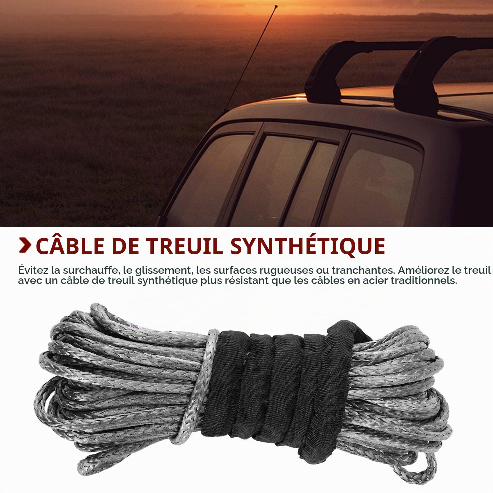 PRATYAHARA Corde de Câble de Ligne de Treuil SynthéTique de 3/16 Po X 50 Po 7700LBs avec Manchon de Protection pour UTV (Gris)