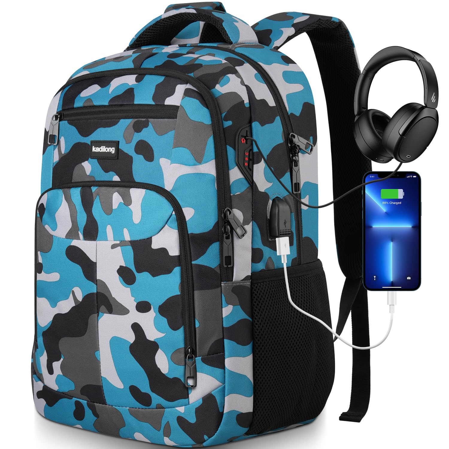 kadilong Zaino scolastico per ragazzi e adolescenti, cartella per scuola, università, zaino laptop da uomo per lavoro con USB per viaggi business, notebook