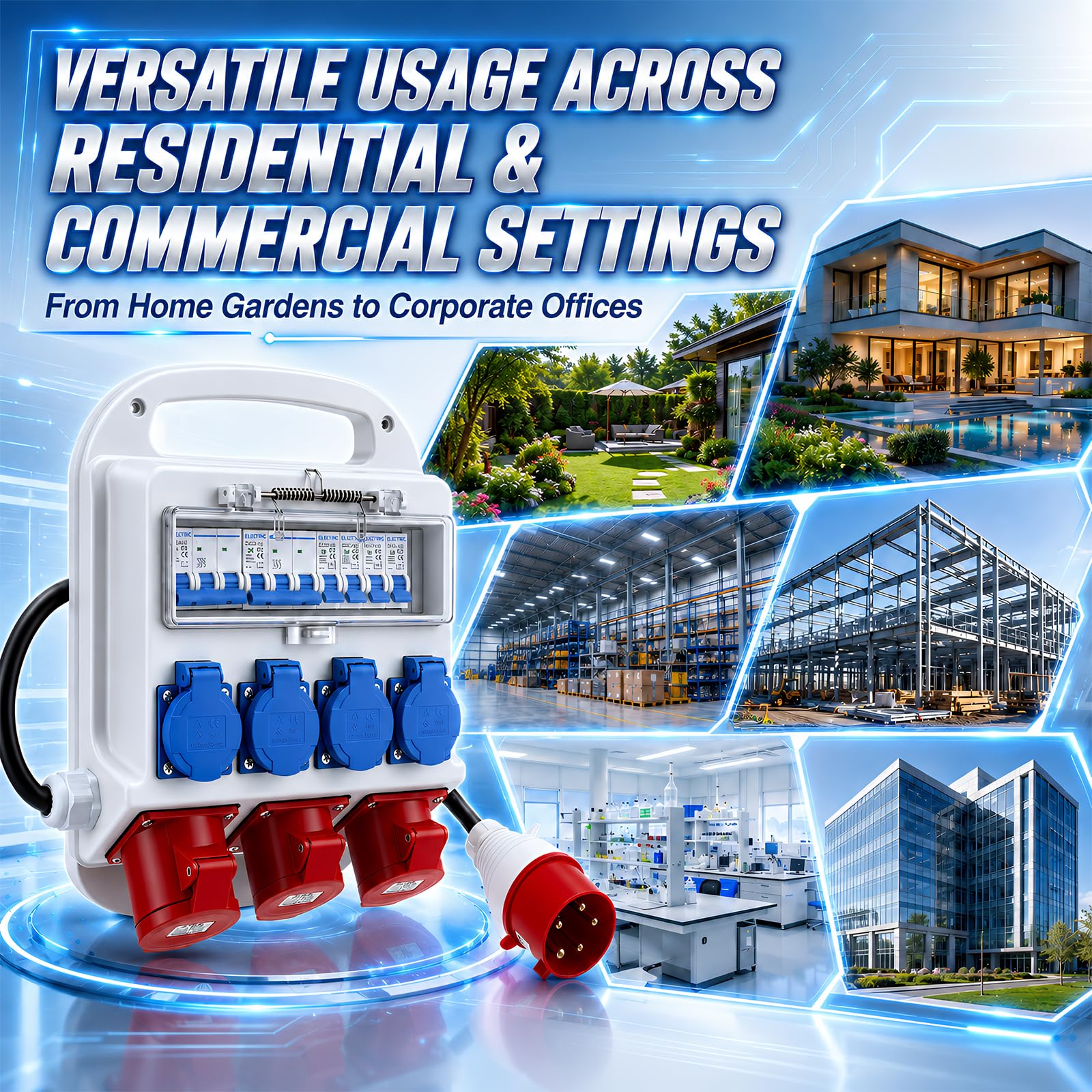Coffret Électrique de Chantier, 32A Répartiteur de Courant avec 2x CEE 16A & 1x CEE 32A & 4x 230V Schuko, IP67 Tableaux à Disjoncteurs Électriques avec Disjoncteur FI, pour Intérieur Extérieur