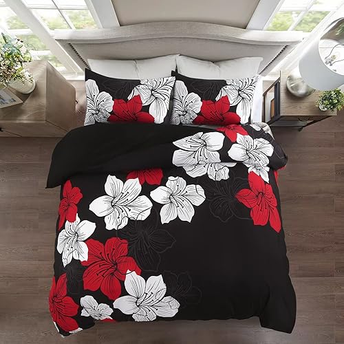 Miniatura 3 de Menghomeus Juego de edredón floral negro y rojo, tamaño King, juego de ropa de cama botánico moderno, ligero, bohemio, para mujeres, adultos y